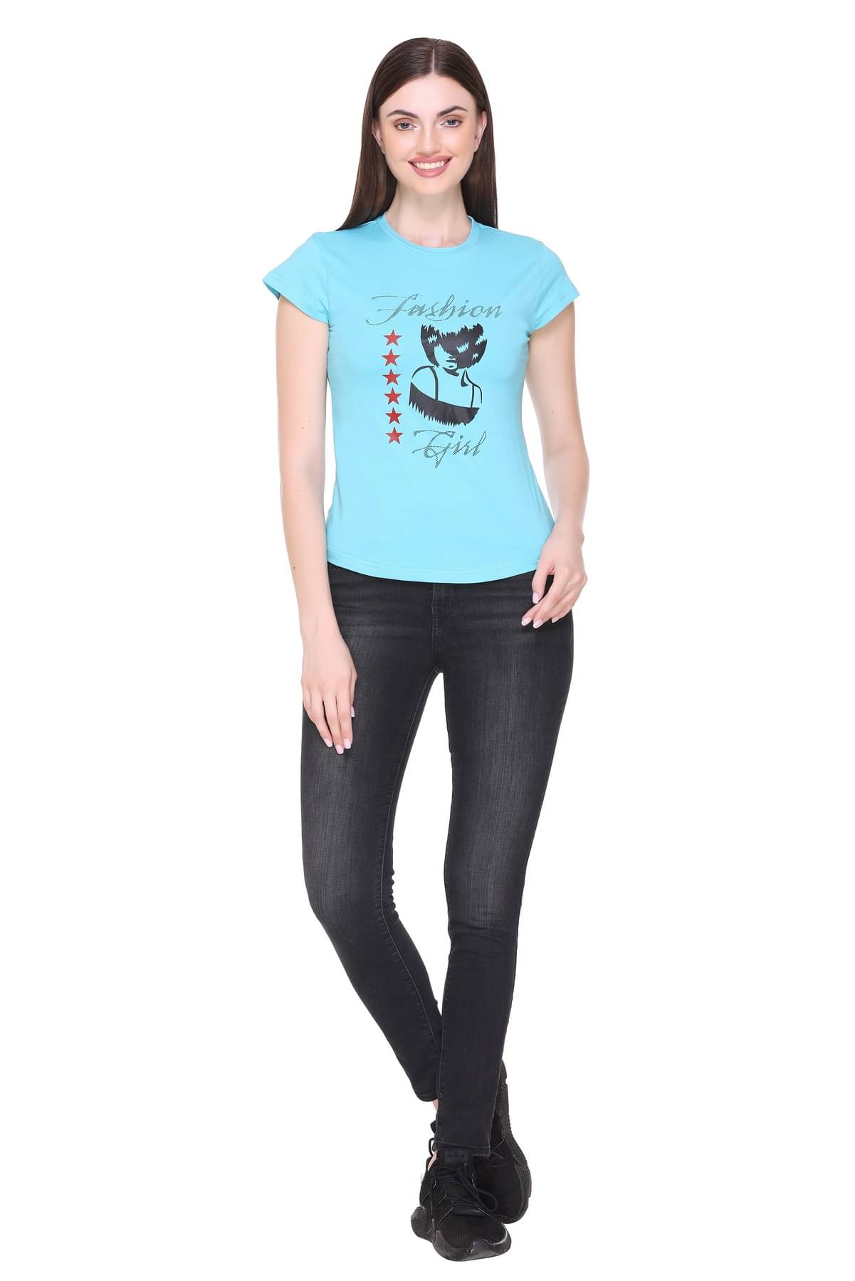 RF RAVES Women Cotton Printed Regular Fit Round Neck T-Shirt ( Light Blue ) RF RAVES Women Cotton Printed Regular Fit Round Neck T-Shirt ( Light Blue )