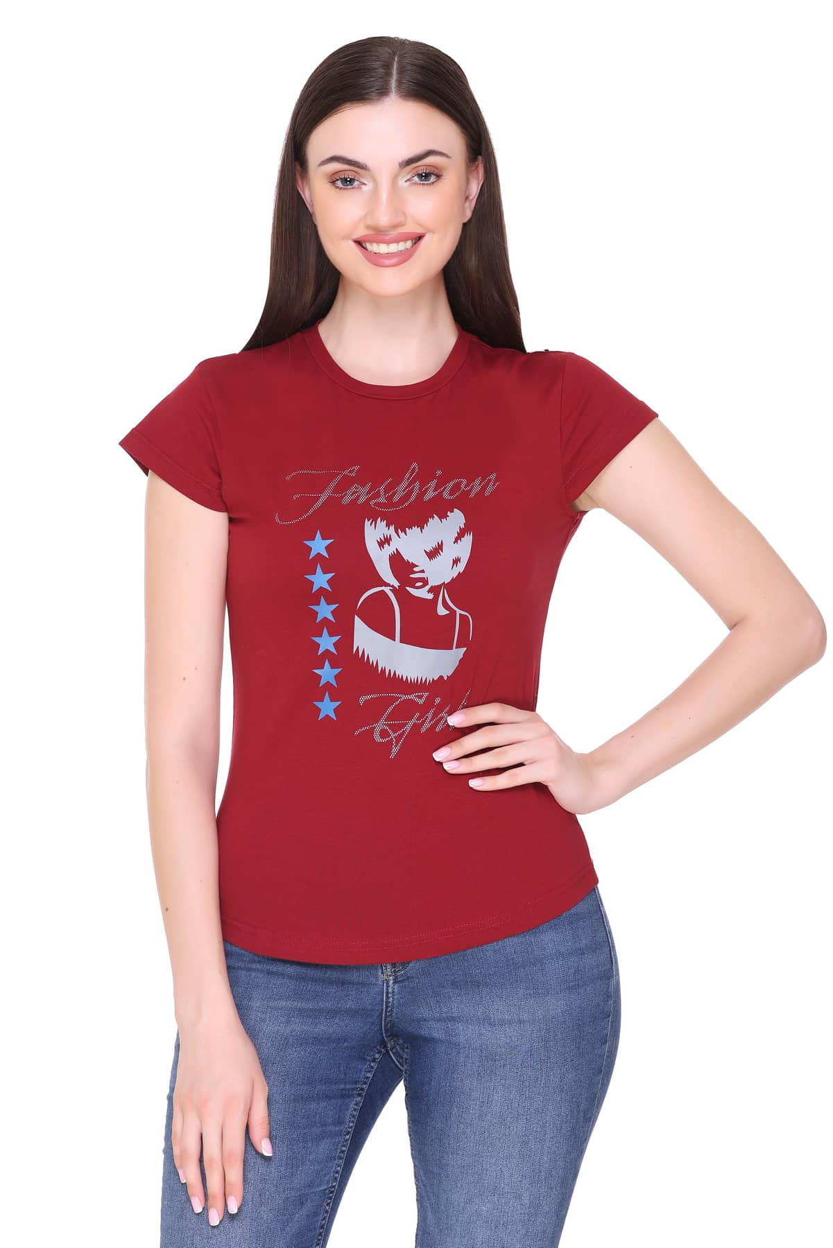 RF RAVES Women Cotton Printed Regular Fit Round Neck T-Shirt ( Maroon )