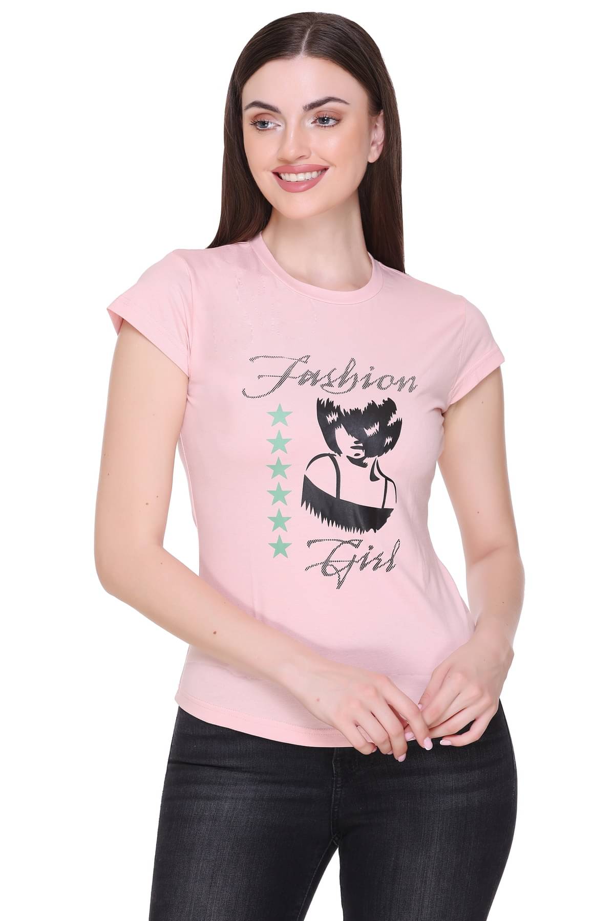     			RF RAVES Women Cotton Printed Regular Fit Round Neck T-Shirt ( Pink )