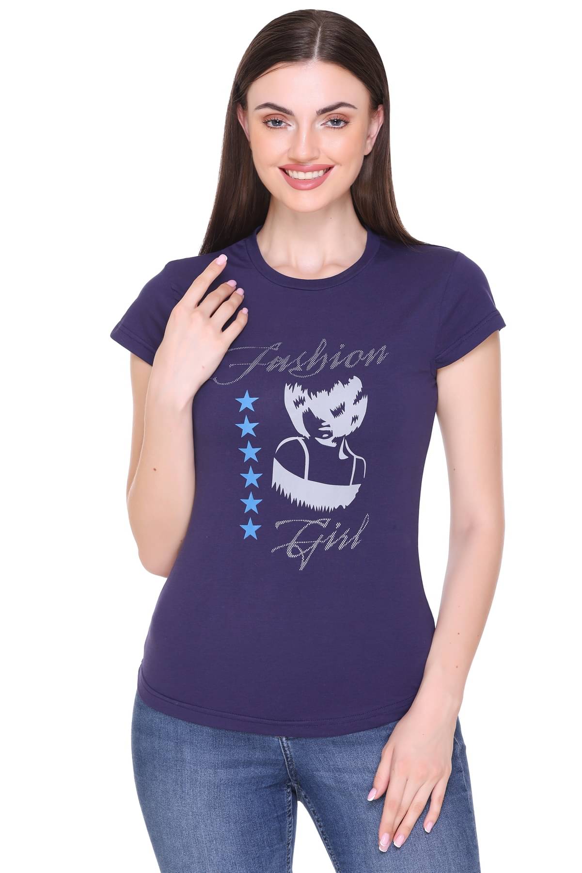     			RF RAVES Women Cotton Printed Regular Fit Round Neck T-Shirt ( Purple )