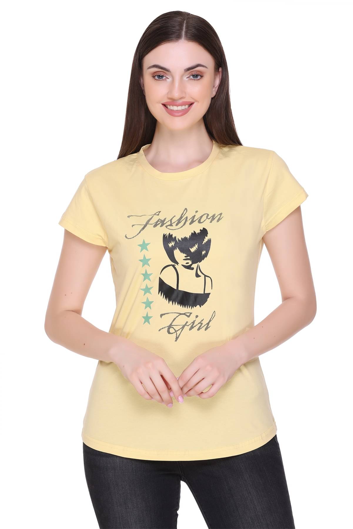 RF RAVES Women Cotton Printed Regular Fit Round Neck T-Shirt ( Yellow )     			RF RAVES Women Cotton Printed Regular Fit Round Neck T-Shirt ( Yellow )