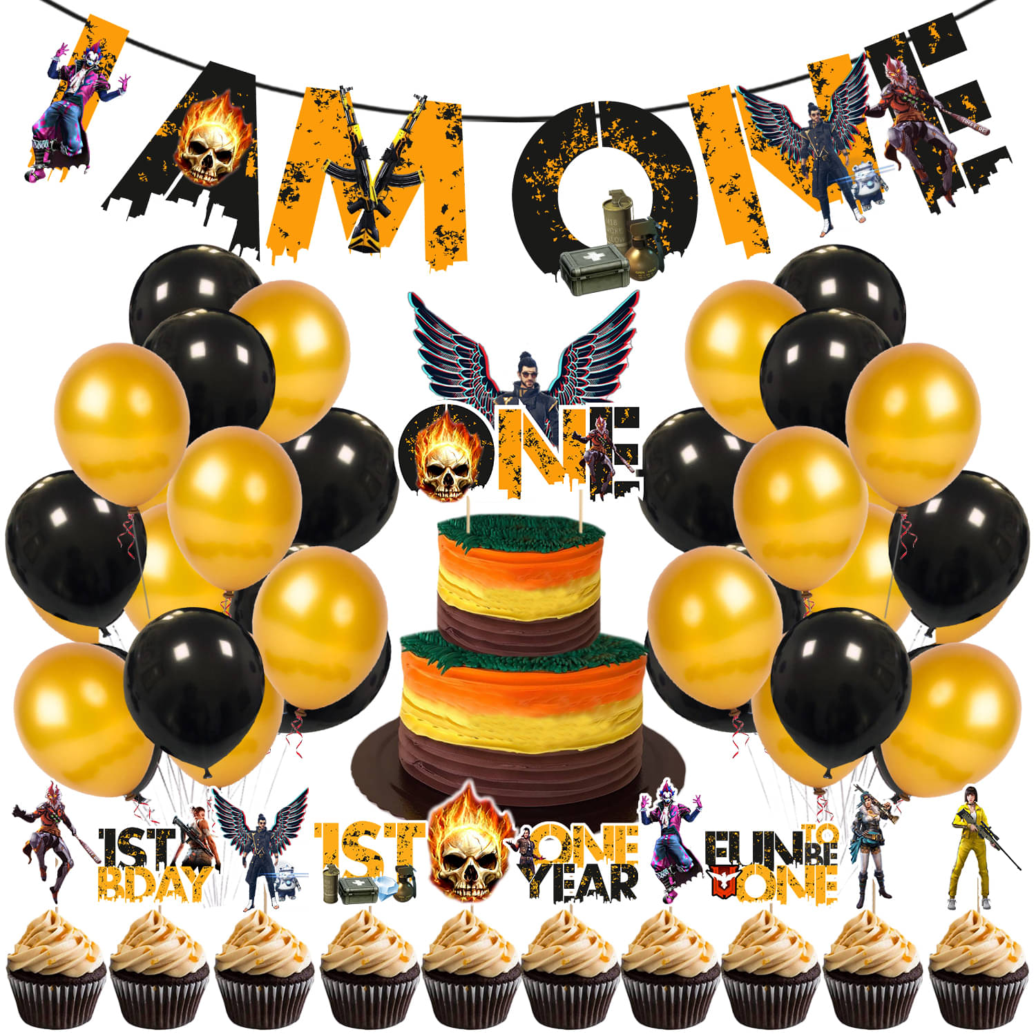     			Zyozi Free Fire 1st Birthday Party Supplies, Free Fire Birthday for Boys with Happy Birthday Banner Cake Topper Cupcake Toppers Balloons(Pack of 37)