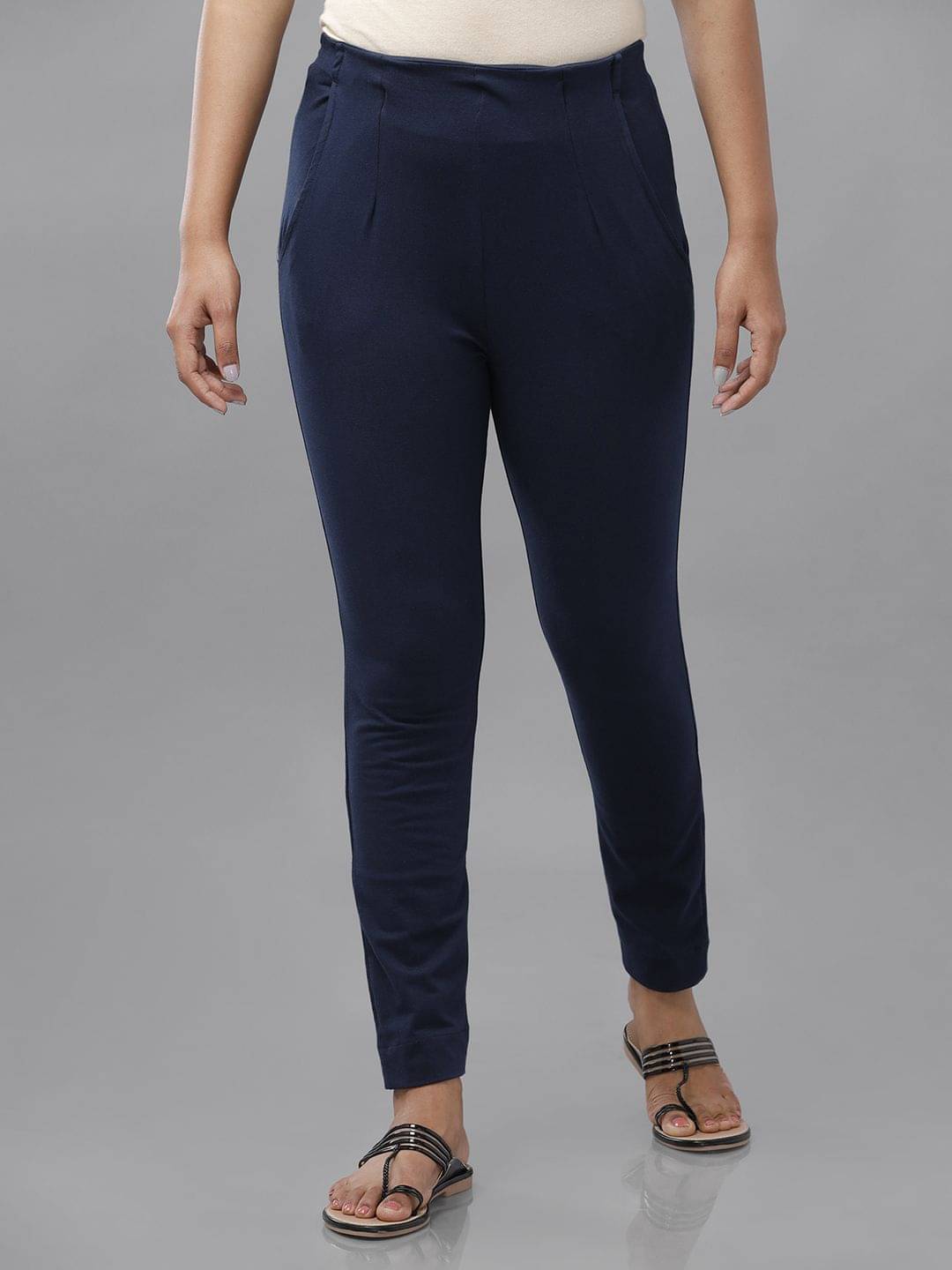    			De Moza - Navy Blue Cotton Slim Women's Cigarette Pants ( Pack of 1 )