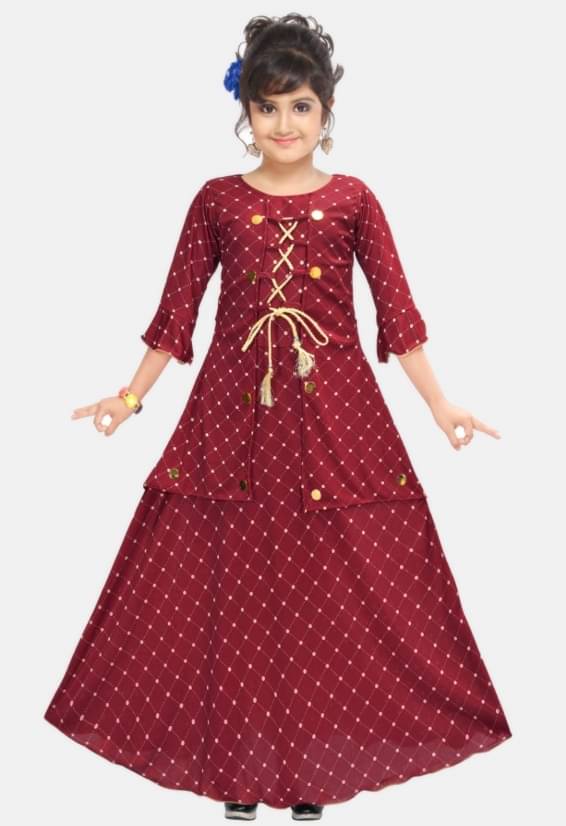     			4 YOU Rayon Fit And Flare Dress For Girls ( Pack of 1 , Maroon )