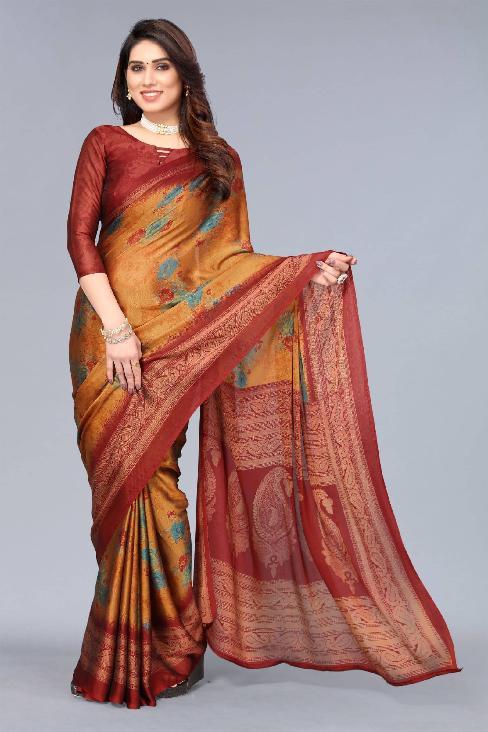     			FABMORA Chiffon Printed Saree With Unstitched Blouse Piece ( Peach )