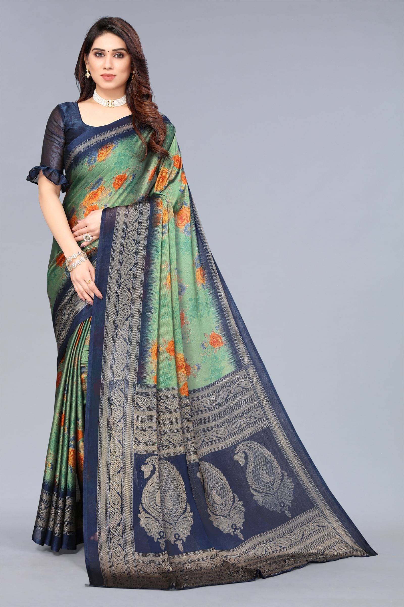     			FABMORA Chiffon Printed Saree With Unstitched Blouse Piece ( Rama )