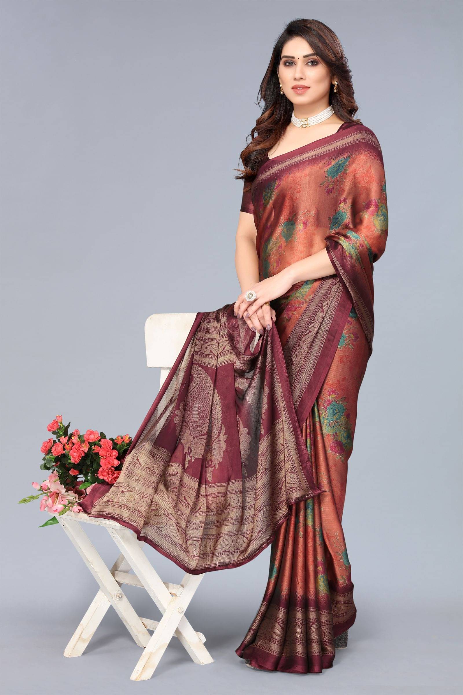 FABMORA Chiffon Printed Saree With Unstitched Blouse Piece ( Red ) FABMORA Chiffon Printed Saree With Unstitched Blouse Piece ( Red )