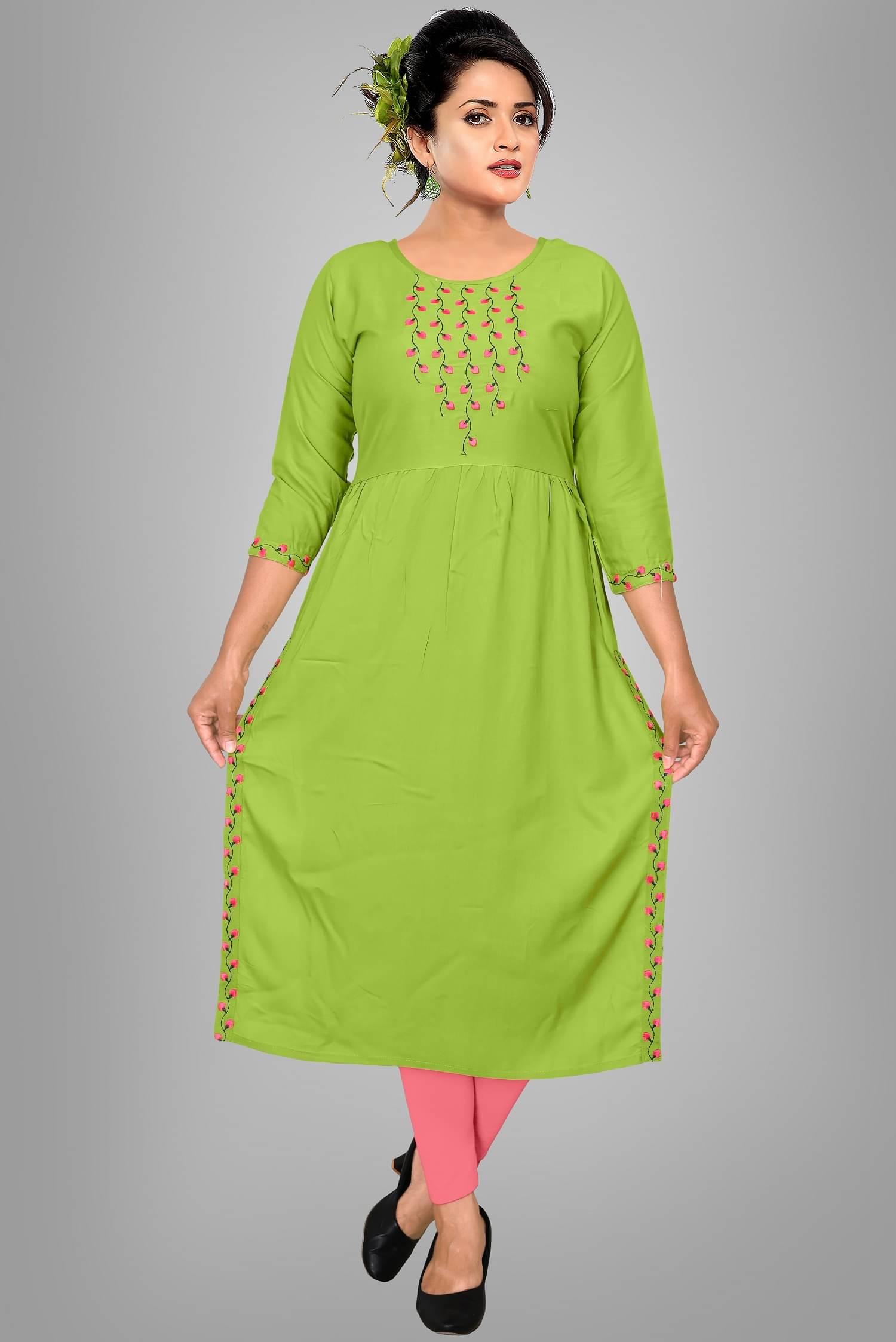     			HAYA - Lime Green Rayon Women's Straight Kurti ( Pack of 1 )