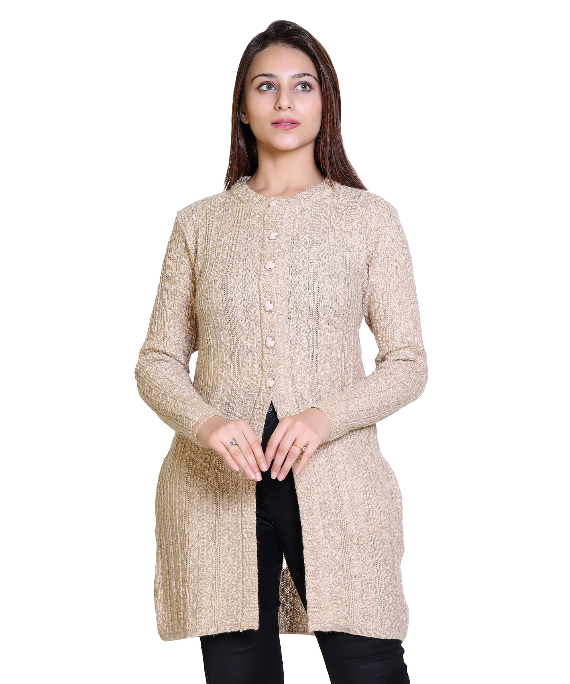 Varenyam Women Acrylic Round Neck Cardigan ( Beige )     			Varenyam Women Acrylic Round Neck Cardigan ( Beige )