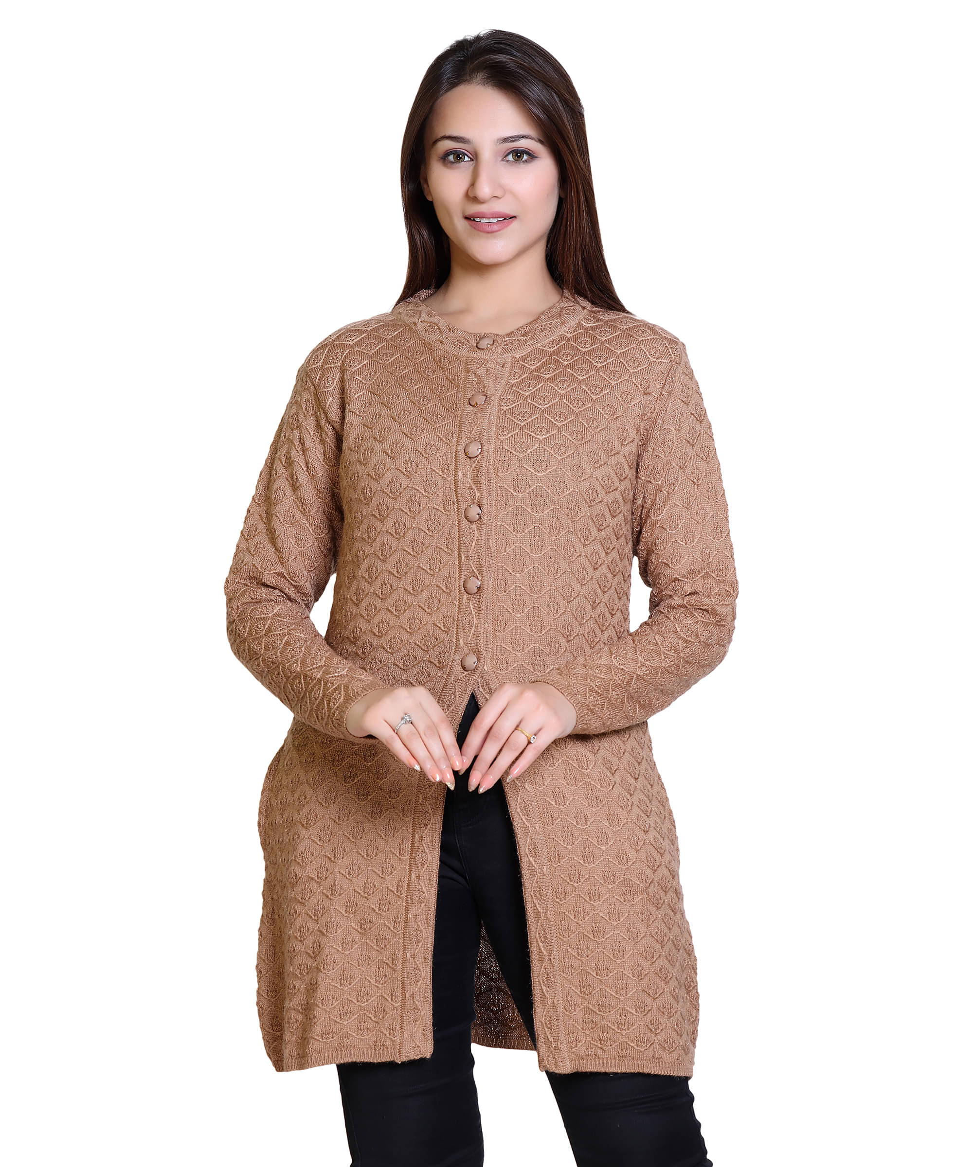 Varenyam Acrylic Beige Buttoned Cardigans - Varenyam Acrylic Beige Buttoned Cardigans -