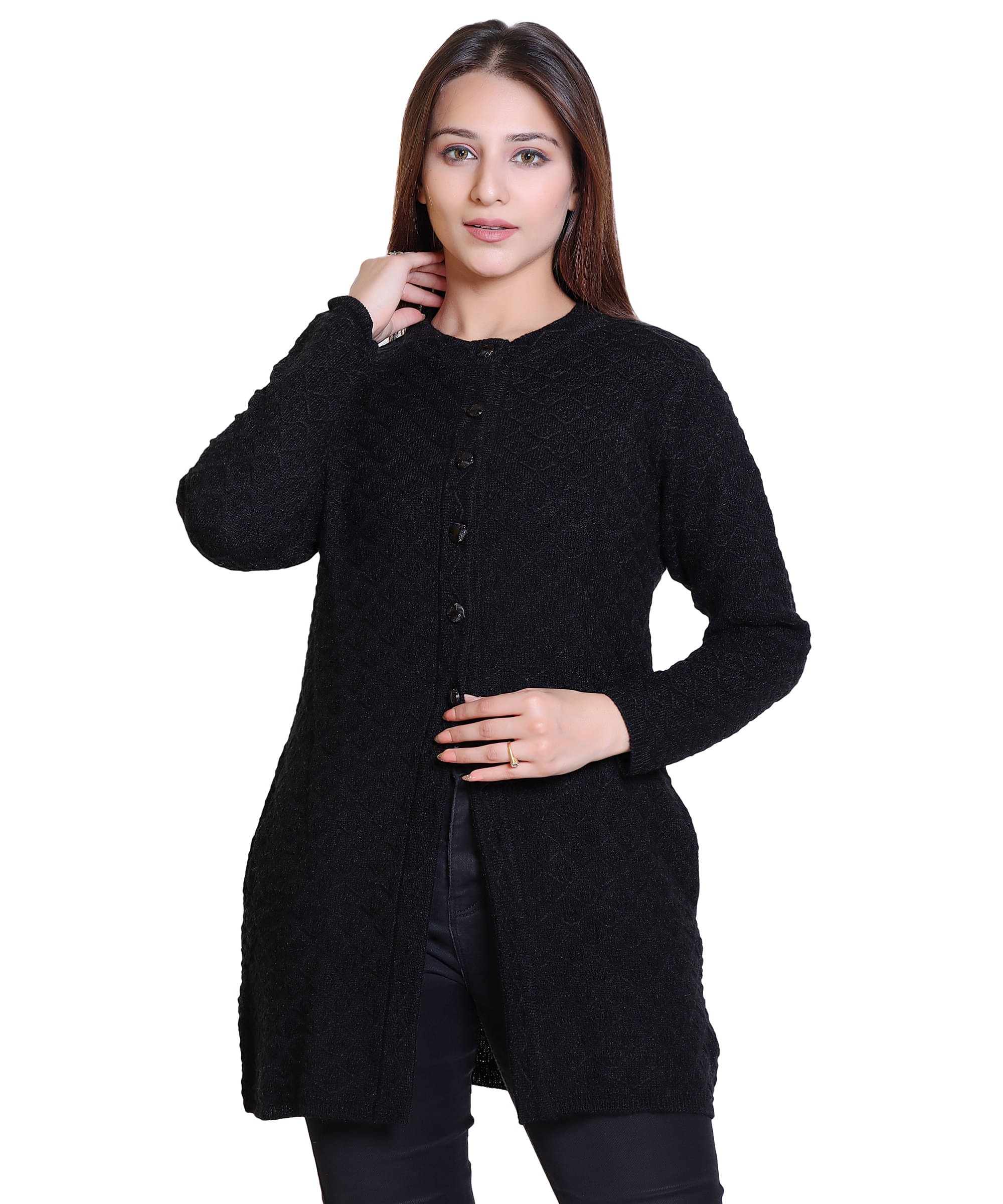     			Varenyam Acrylic Black Buttoned Cardigans -