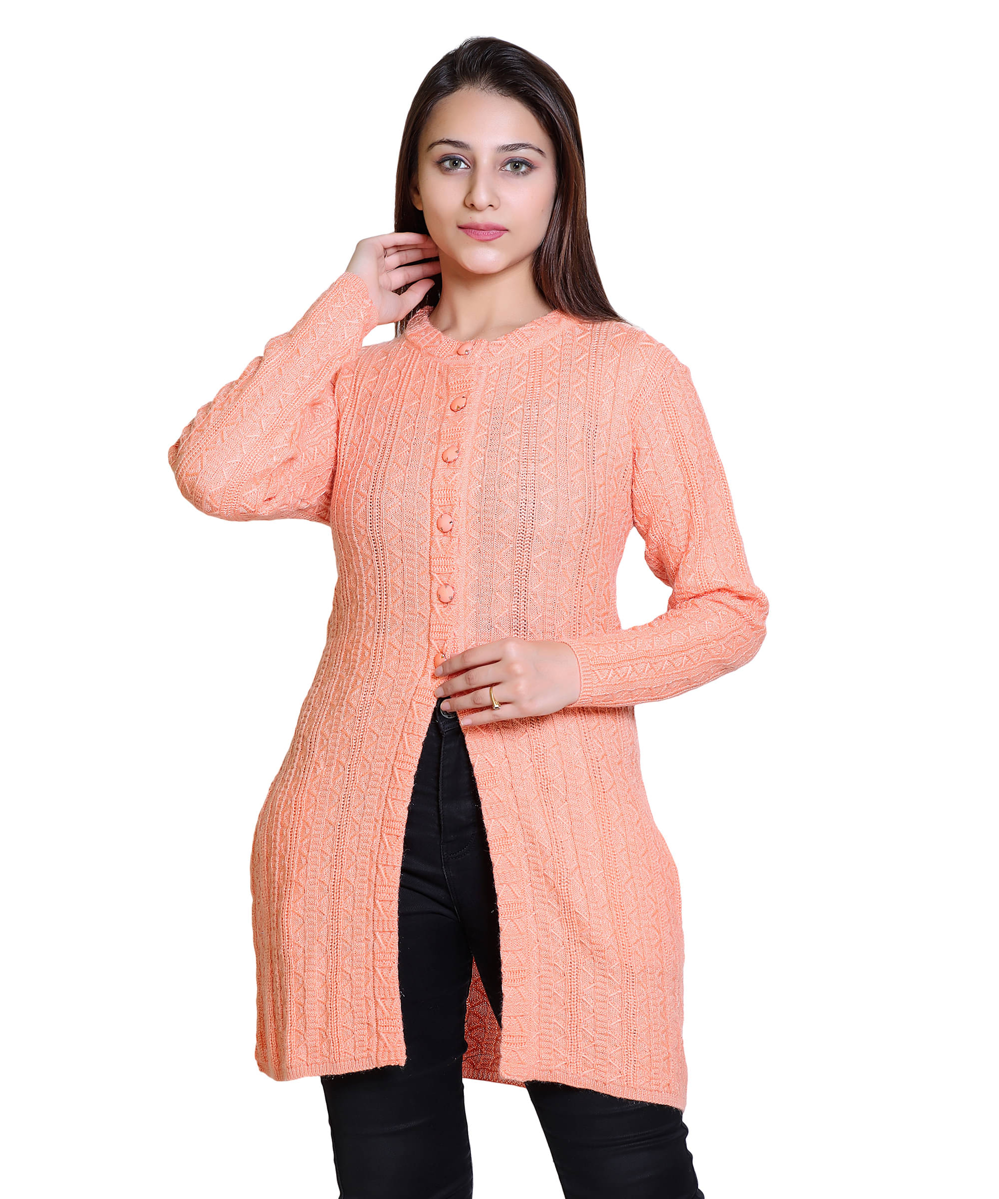     			Varenyam Acrylic Peach Buttoned Cardigans -