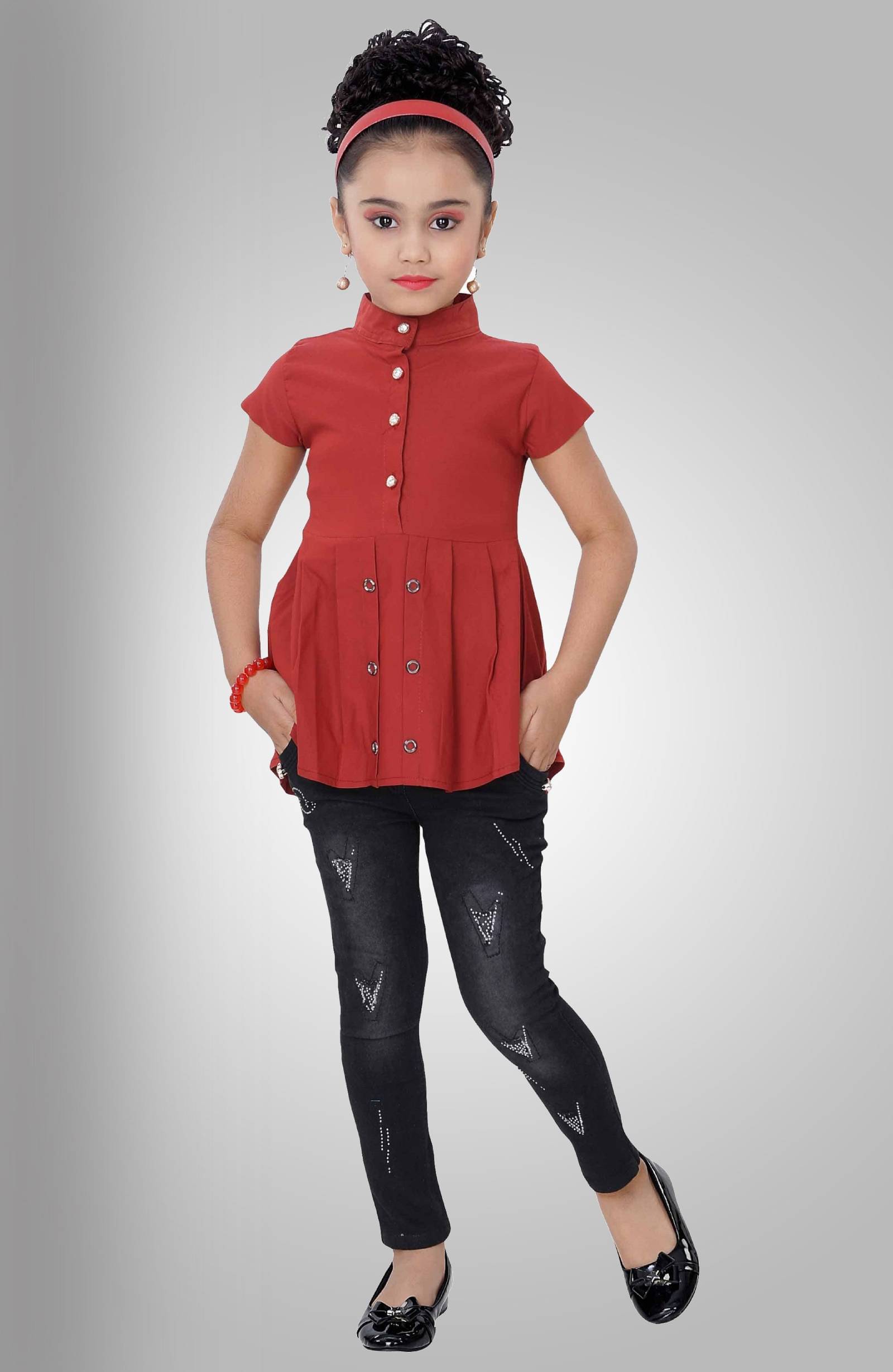     			Cherry Tree Pack of 1 Girls Denim Top With Pants ( Red )