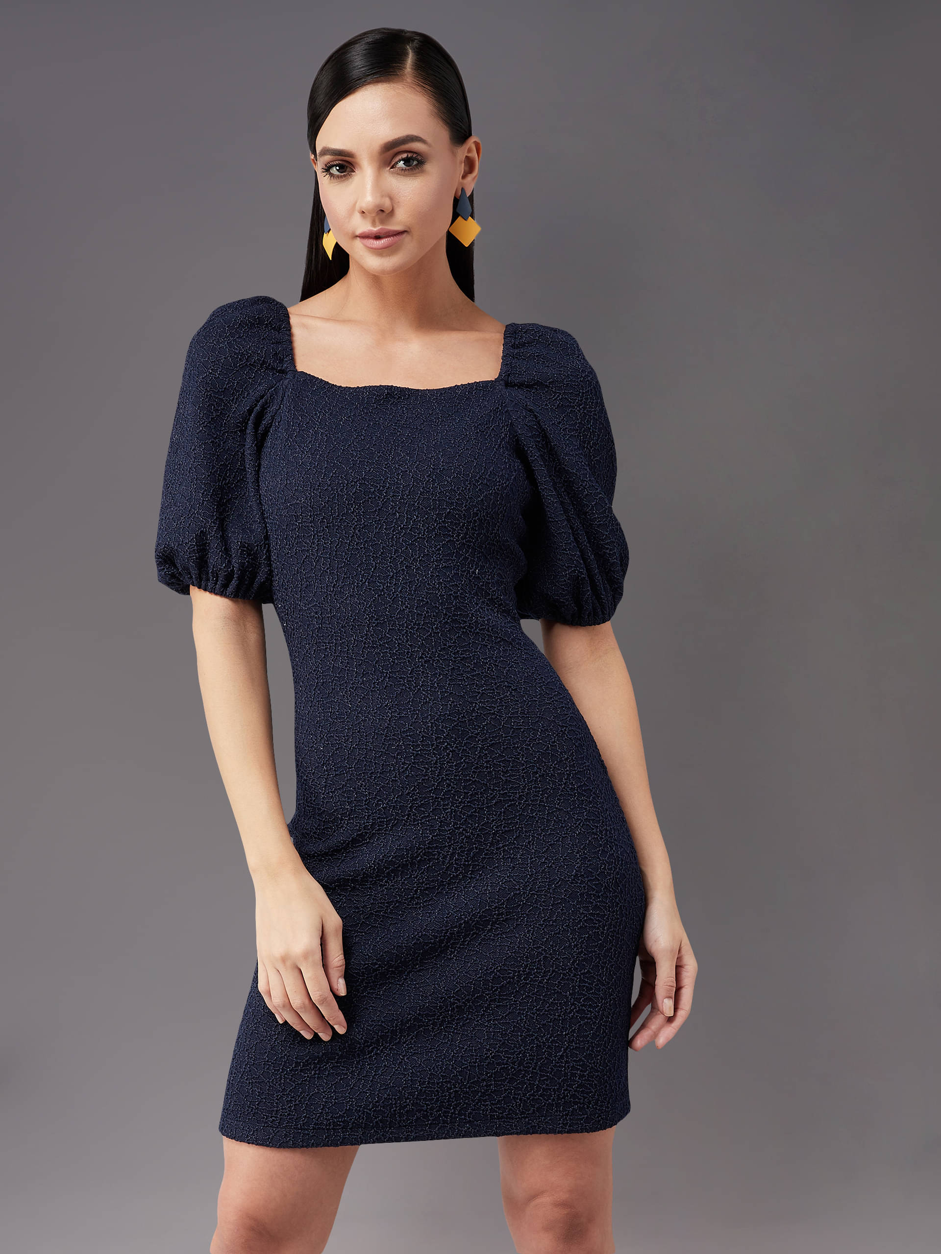 Miss Chase Women Polyester Self Design Bodycon Dress ( Navy Blue )     			Miss Chase Women Polyester Self Design Bodycon Dress ( Navy Blue )