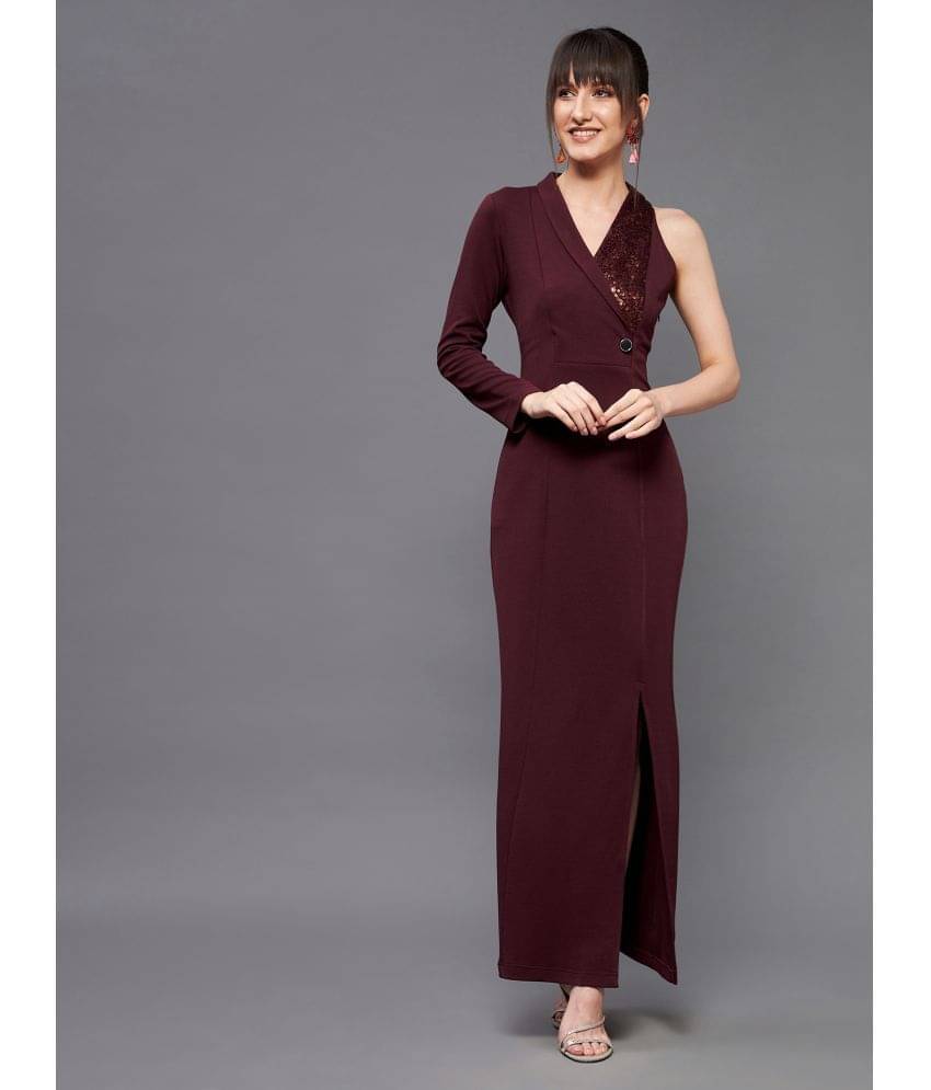 Miss Chase Women Polyester Embellished Side Slit Dress ( Wine ) Miss Chase Women Polyester Embellished Side Slit Dress ( Wine )