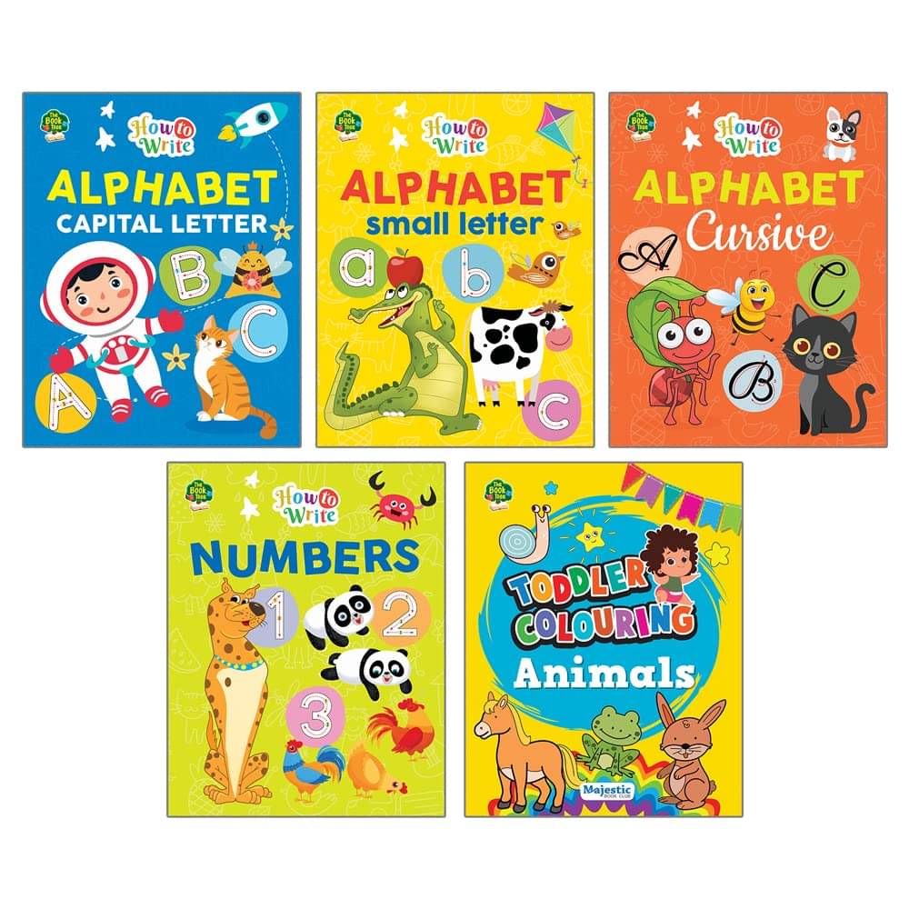     			Writing Practice Books (Set of 5 Books) Fun in Writing English Capital, Small, Cursive letters, Number Writing and Animal Colouring books [Staple Bound]