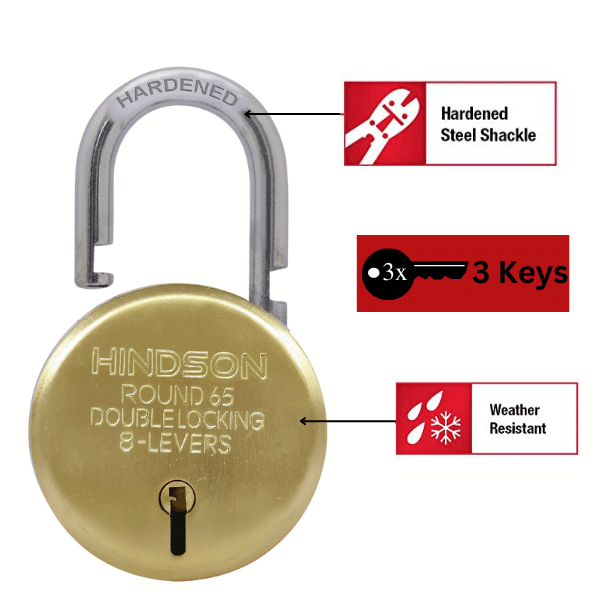 HINDSON Lock Gold Round 65mm with 3 Key, Link Steel Double Locking, 8 Lever Padlock for Door, Brass Gate, Shutter ( Finish Gold ) HINDSON Lock Gold Round 65mm with 3 Key, Link Steel Double Locking, 8 Lever Padlock for Door, Brass Gate, Shutter ( Finish Gold )