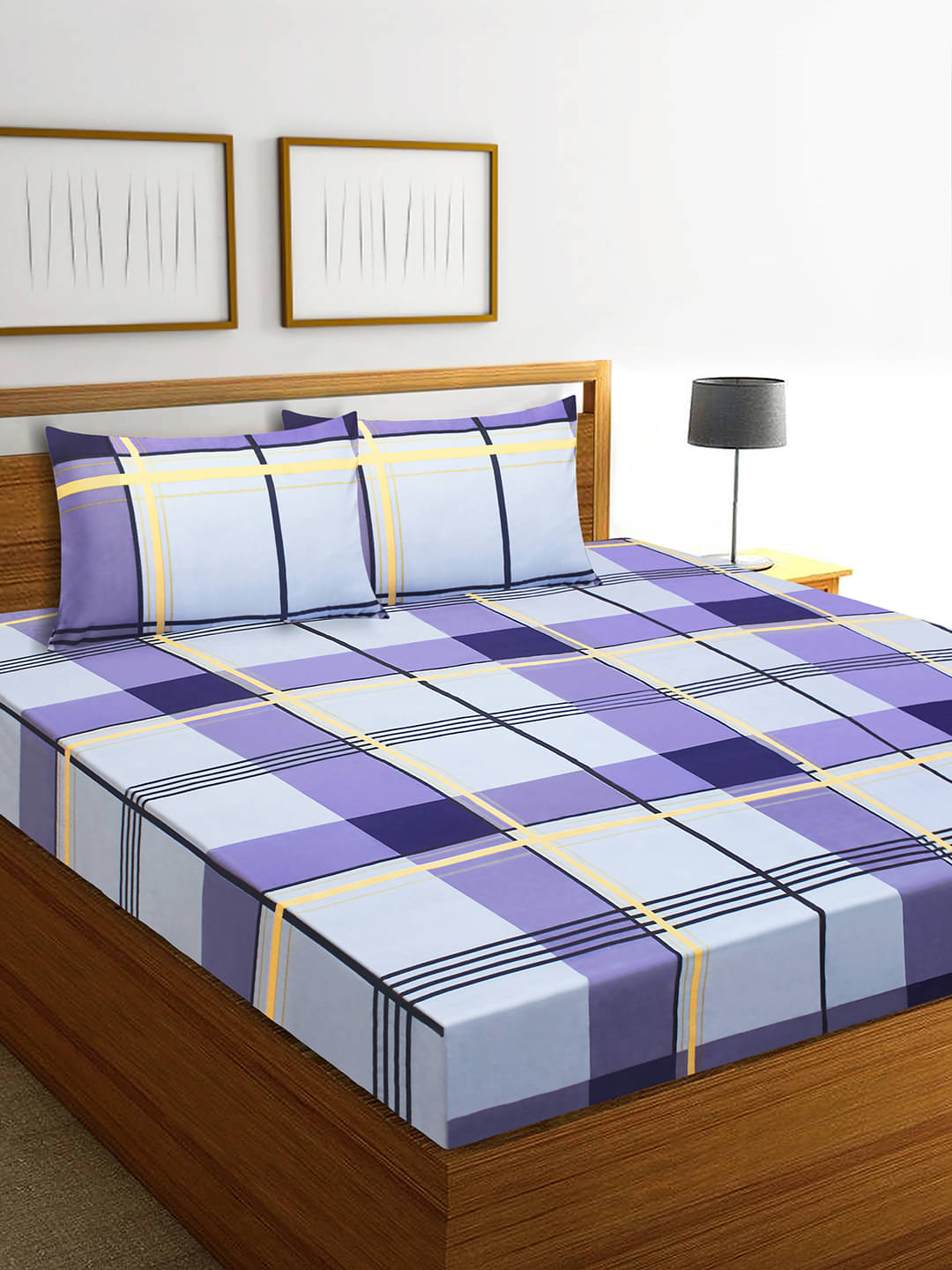     			Home Candy Microfiber Big Checks Double Bedsheet with 2 Pillow Covers - Light Blue