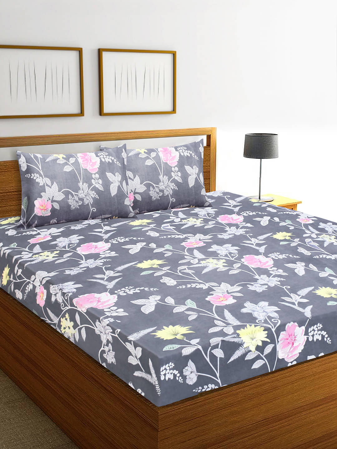     			Home Candy Microfiber Floral Double Bedsheet with 2 Pillow Covers- Grey