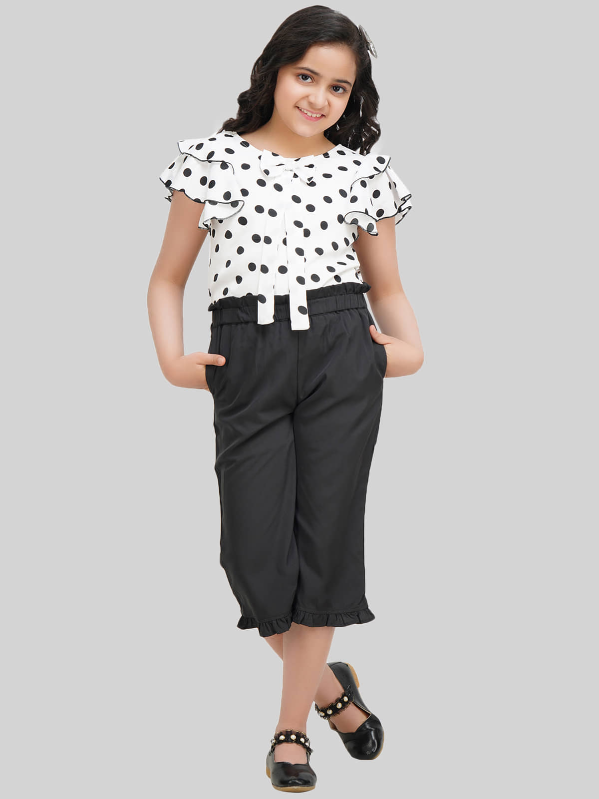 Being Naughty Pack of 1 Girls Polyester Top With Pants ( White & Black )
