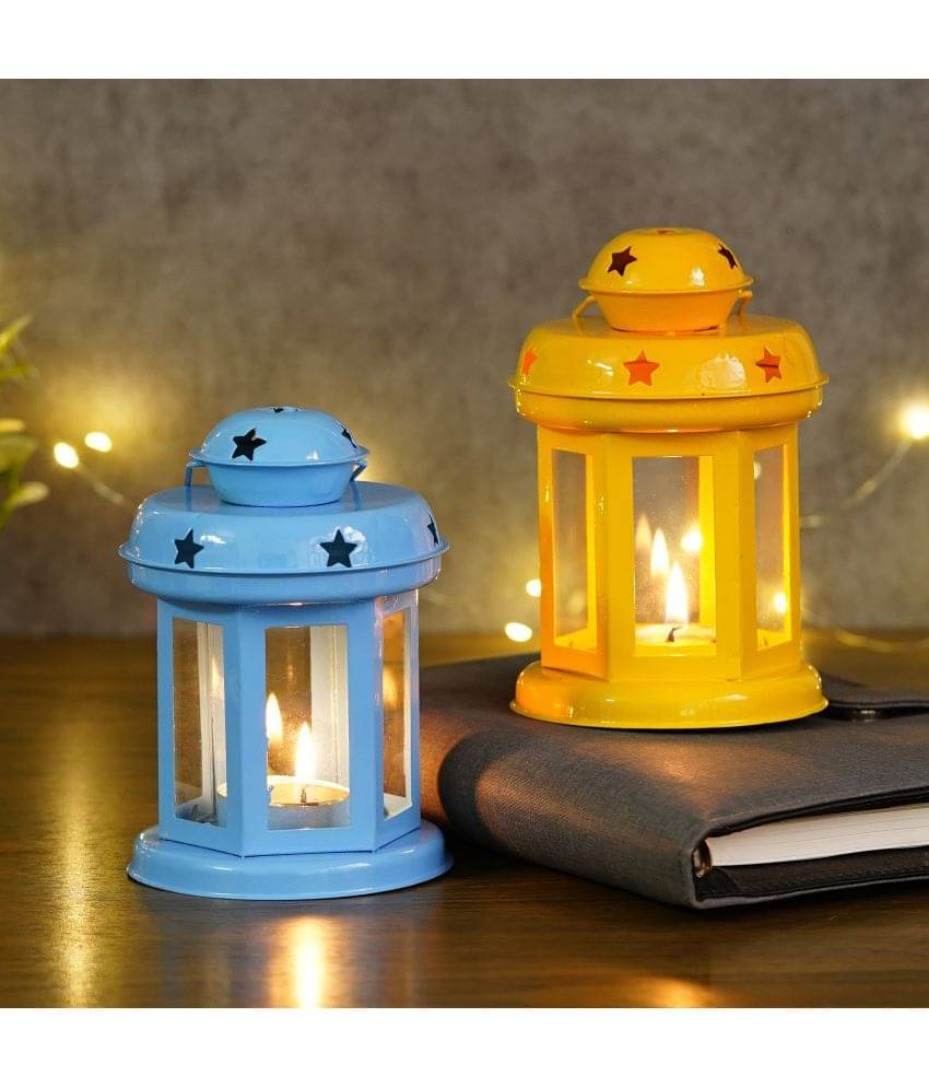     			eCraftIndia Set of 2 Blue & Yellow Handcrafted Tea Light Holder Lanterns