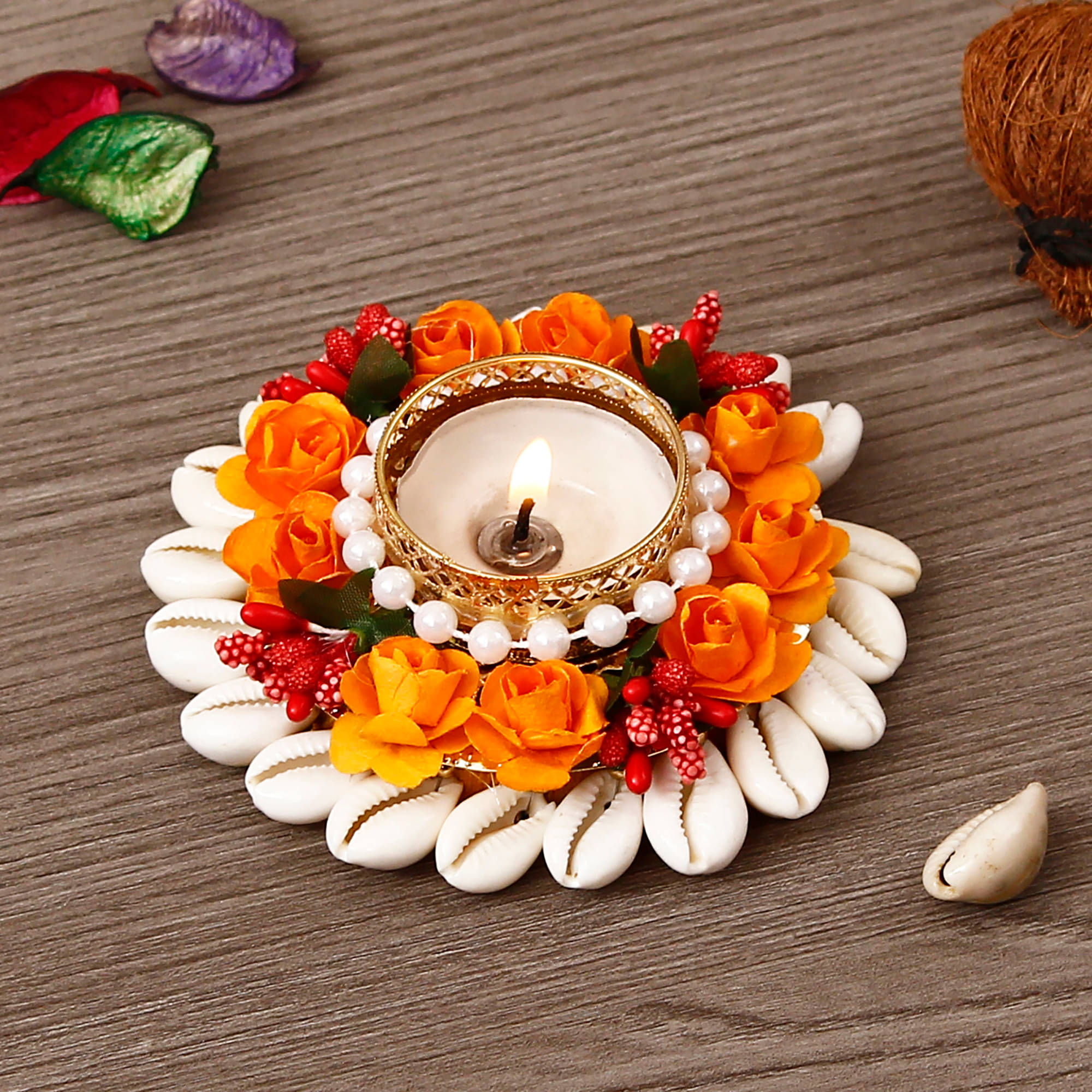     			eCraftIndia Orange & White Shells & Floral Handcrafted Round Tea Light Holder