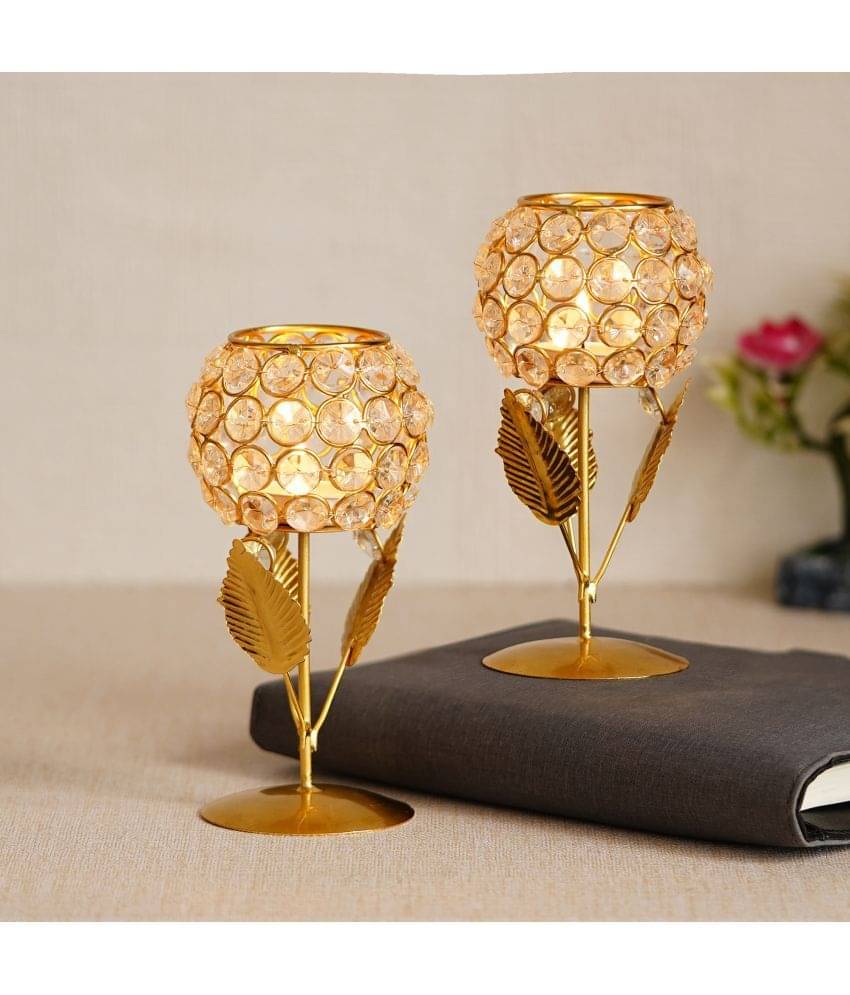 eCraftIndia Set of 2 Gold-Toned Leaf Shape Crystal Tea Light Holder eCraftIndia Set of 2 Gold-Toned Leaf Shape Crystal Tea Light Holder