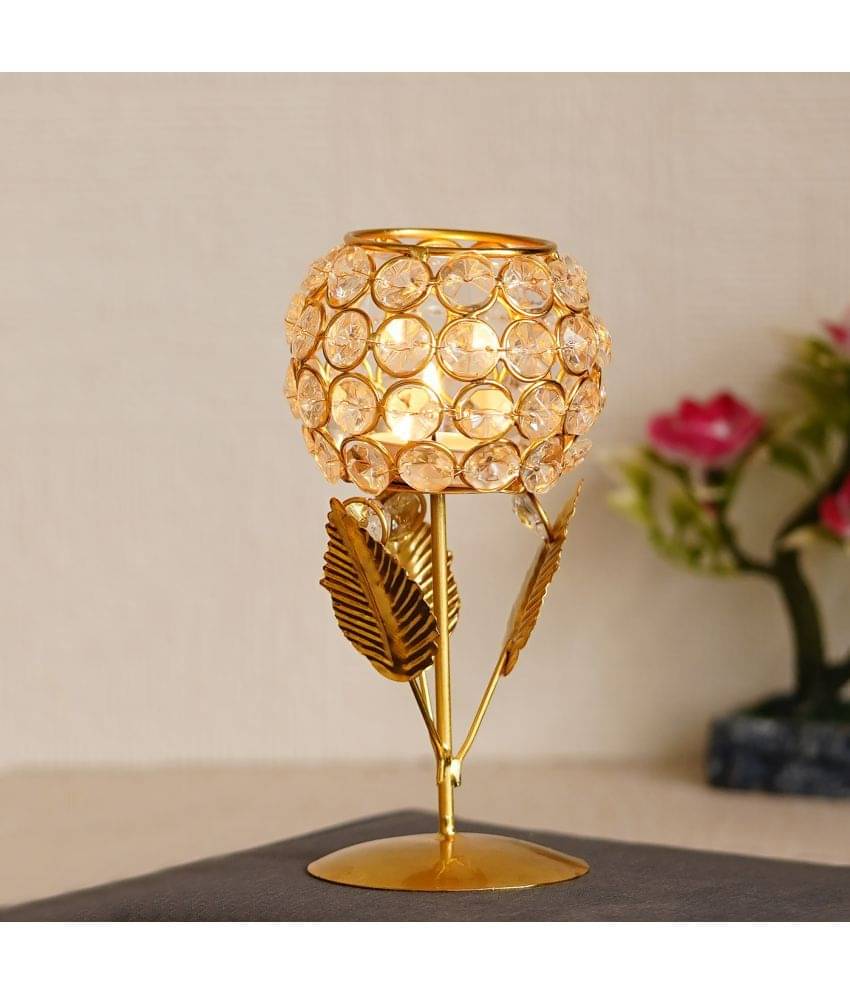     			eCraftIndia White & Gold-Toned Leaf Shape Crystal Tea Light Holder