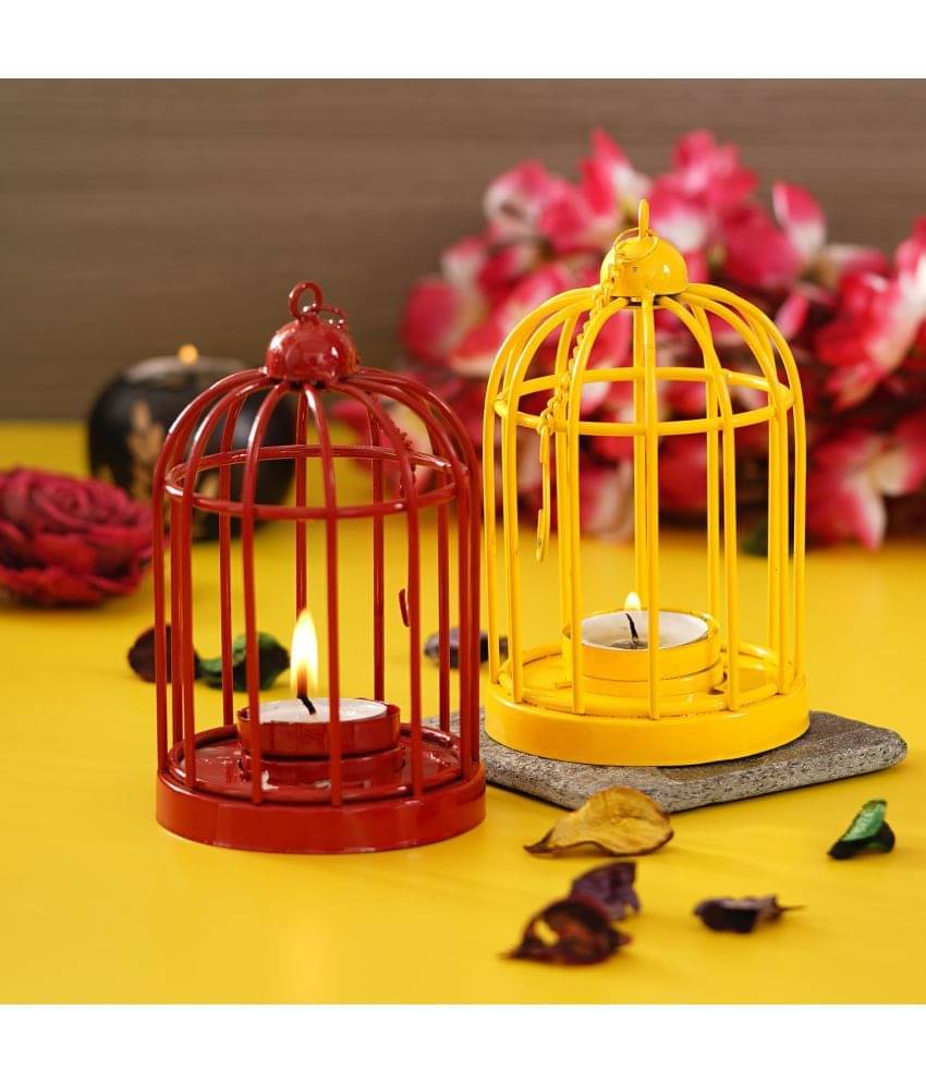     			eCraftIndia Red & Yellow Set of 2 Solid Cage Candle Holders With Hanging Chain