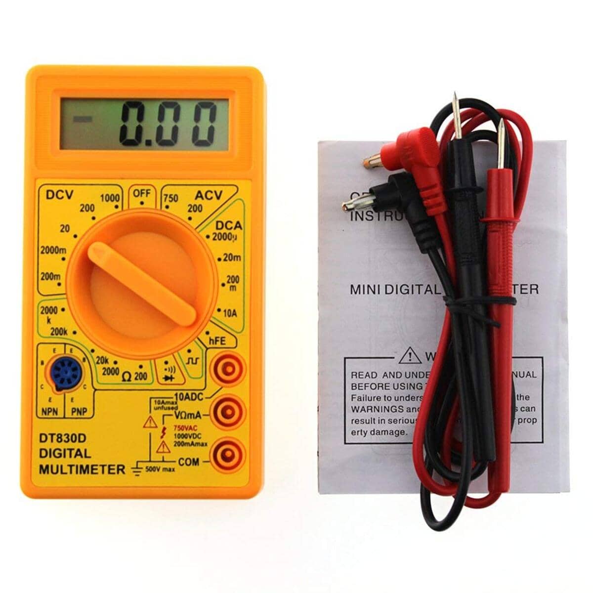 Aldeco Digital Yellow Multimeter LCD AC DC Measuring Voltage Current. Output Voltage Ampere Ohm Tester Probe DC AC LCD Overload Protection.