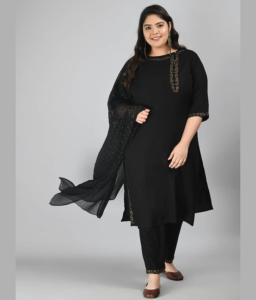 PrettyPlus by Desinoor - Black Straight Rayon Women's Stitched Salwar Suit ( Pack of 1 )