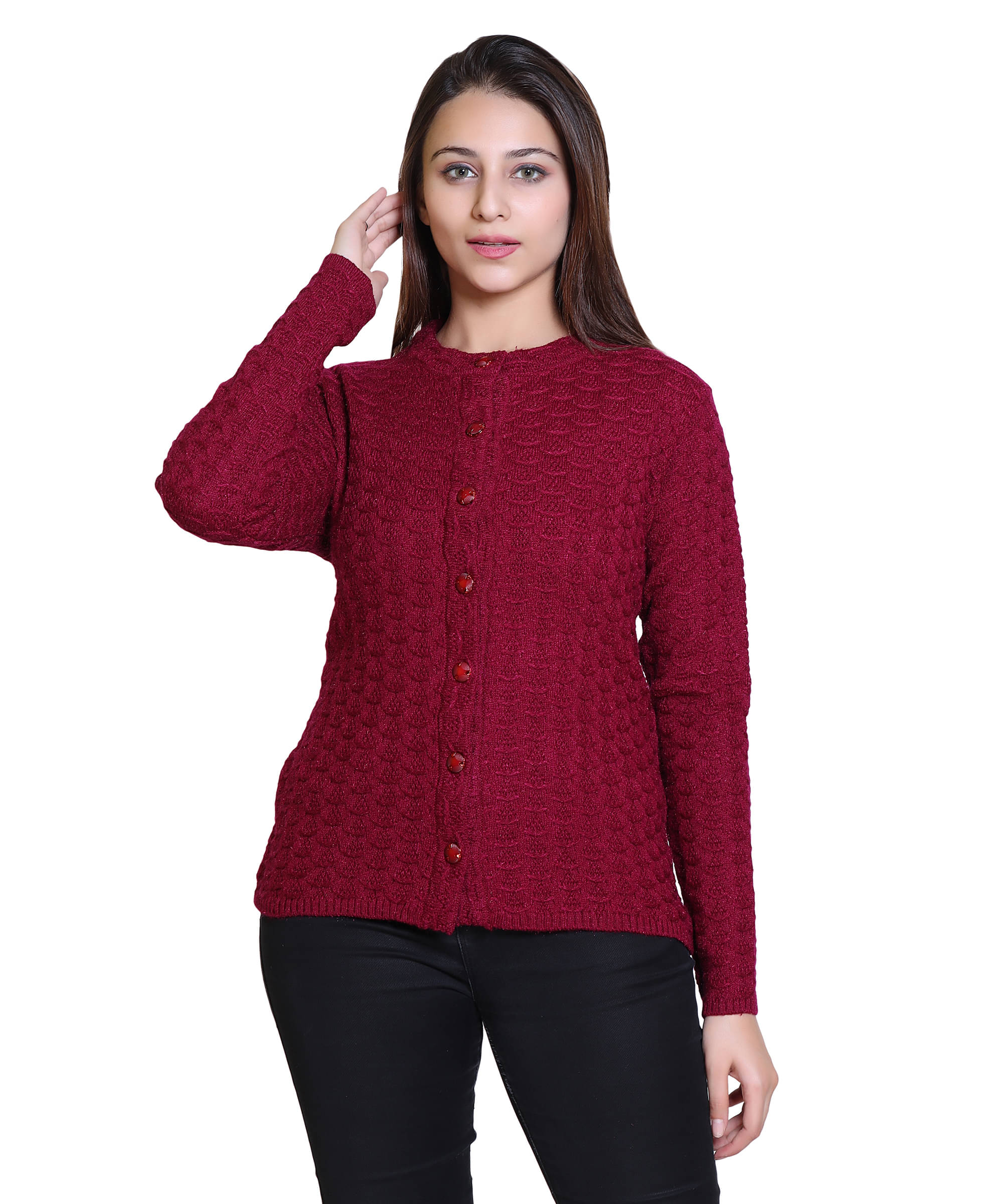 Varenyam Women Acrylic Round Neck Cardigan ( Purple )     			Varenyam Women Acrylic Round Neck Cardigan ( Purple )