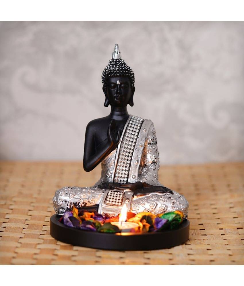     			eCraftIndia Black & Silver-Toned Meditating Buddha With Wooden Base Petals & Tealight Showpiece