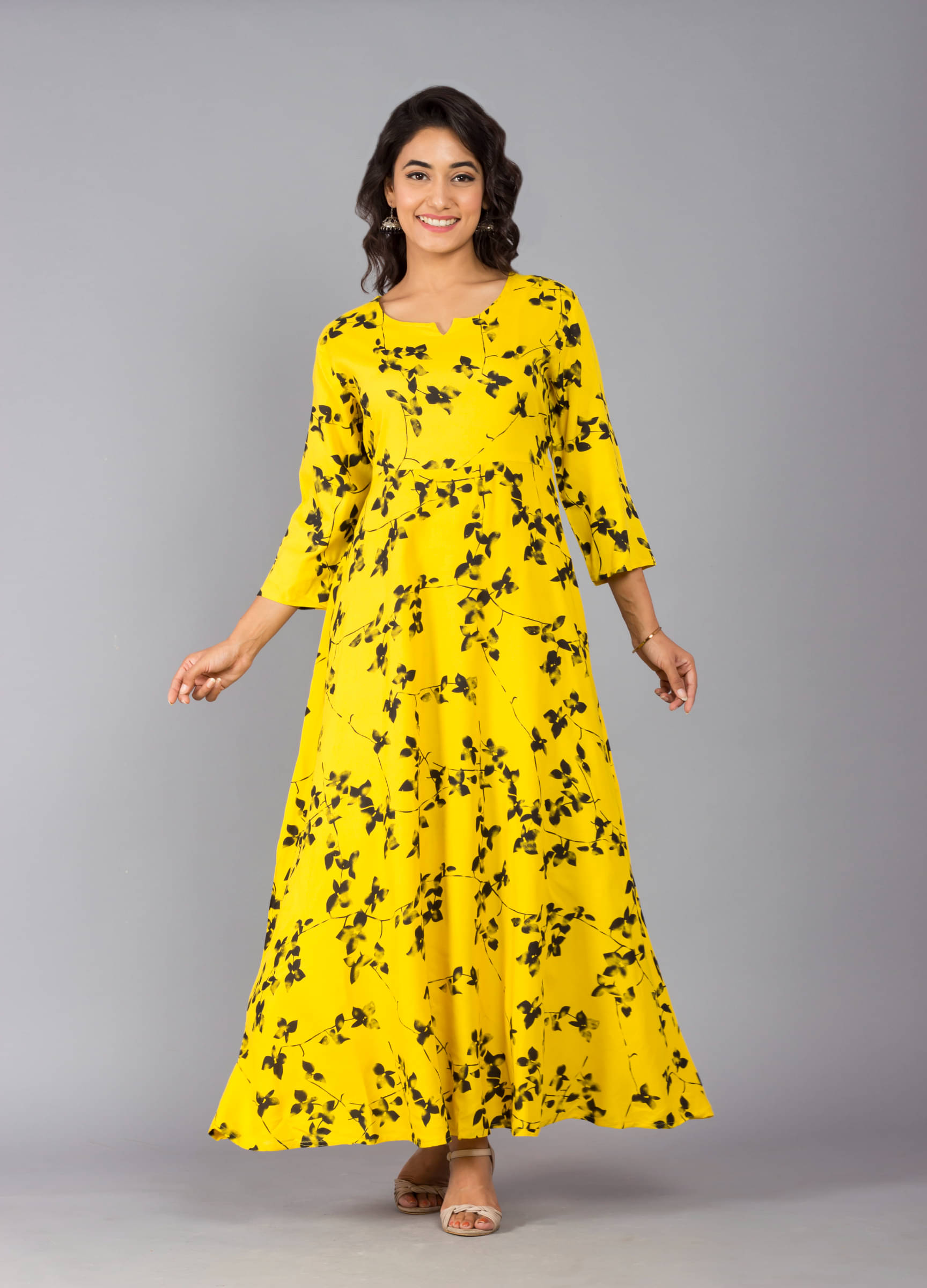 Frionkandy Women Rayon Printed Fit & Flare Dress ( Yellow )     			Frionkandy Women Rayon Printed Fit & Flare Dress ( Yellow )