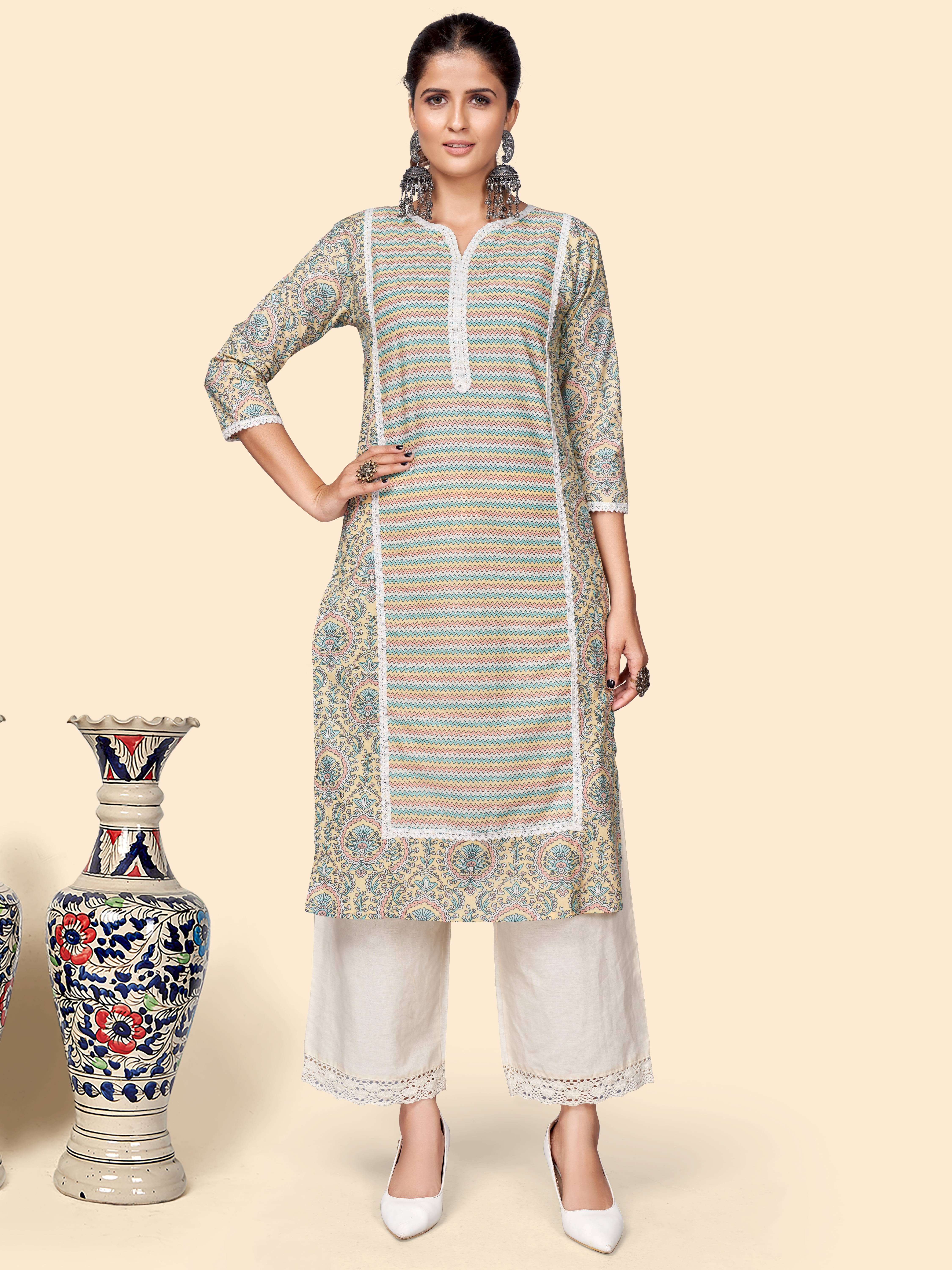 Vbuyz - Cream Cotton Women's Straight Kurti ( Pack of 1 ) - Kurtis, Tunics | Buy online on ZillyBuy