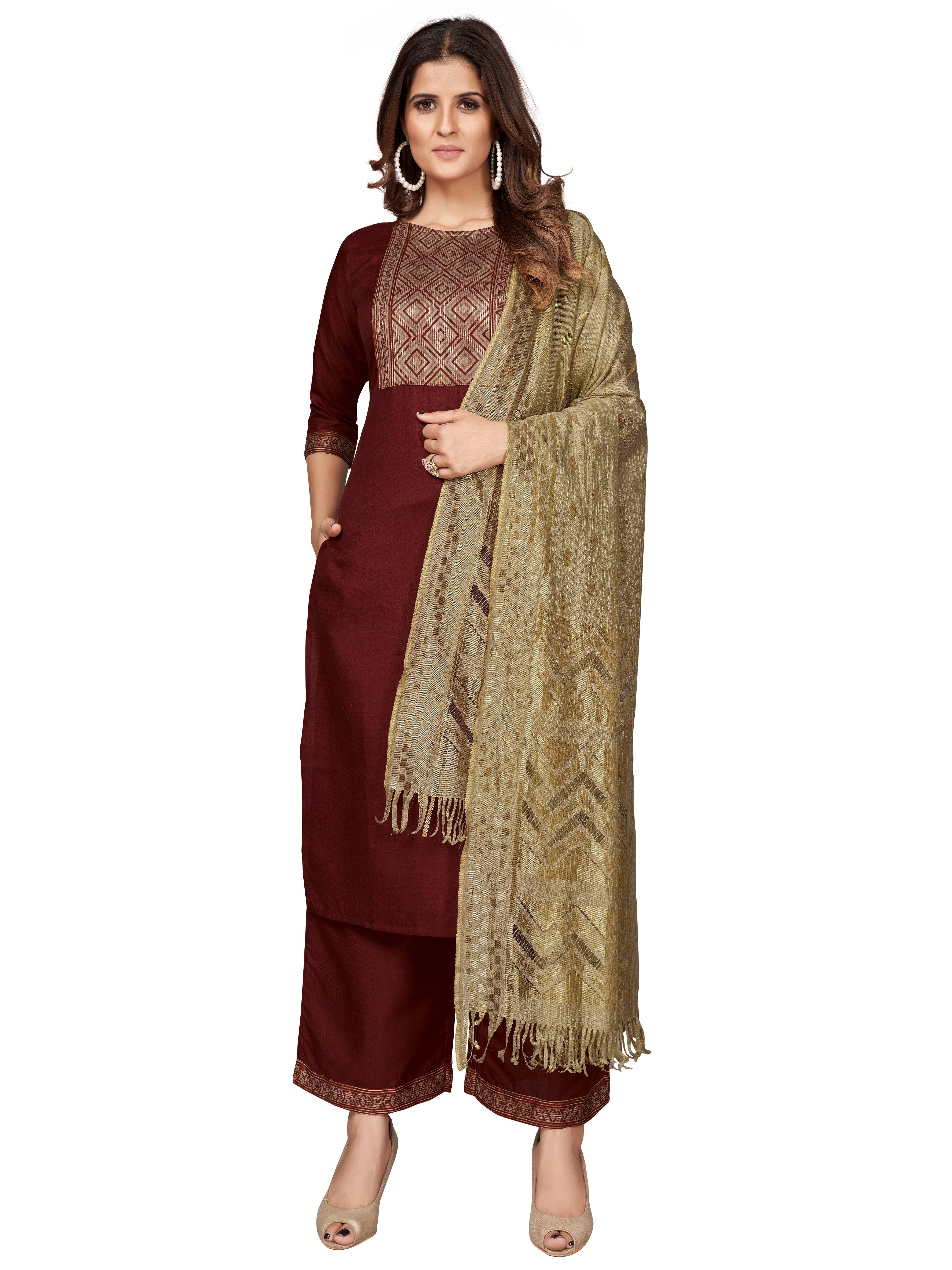 Vbuyz - Maroon Straight Cotton Blend Women's Stitched Salwar Suit ( Pack of 1 )
