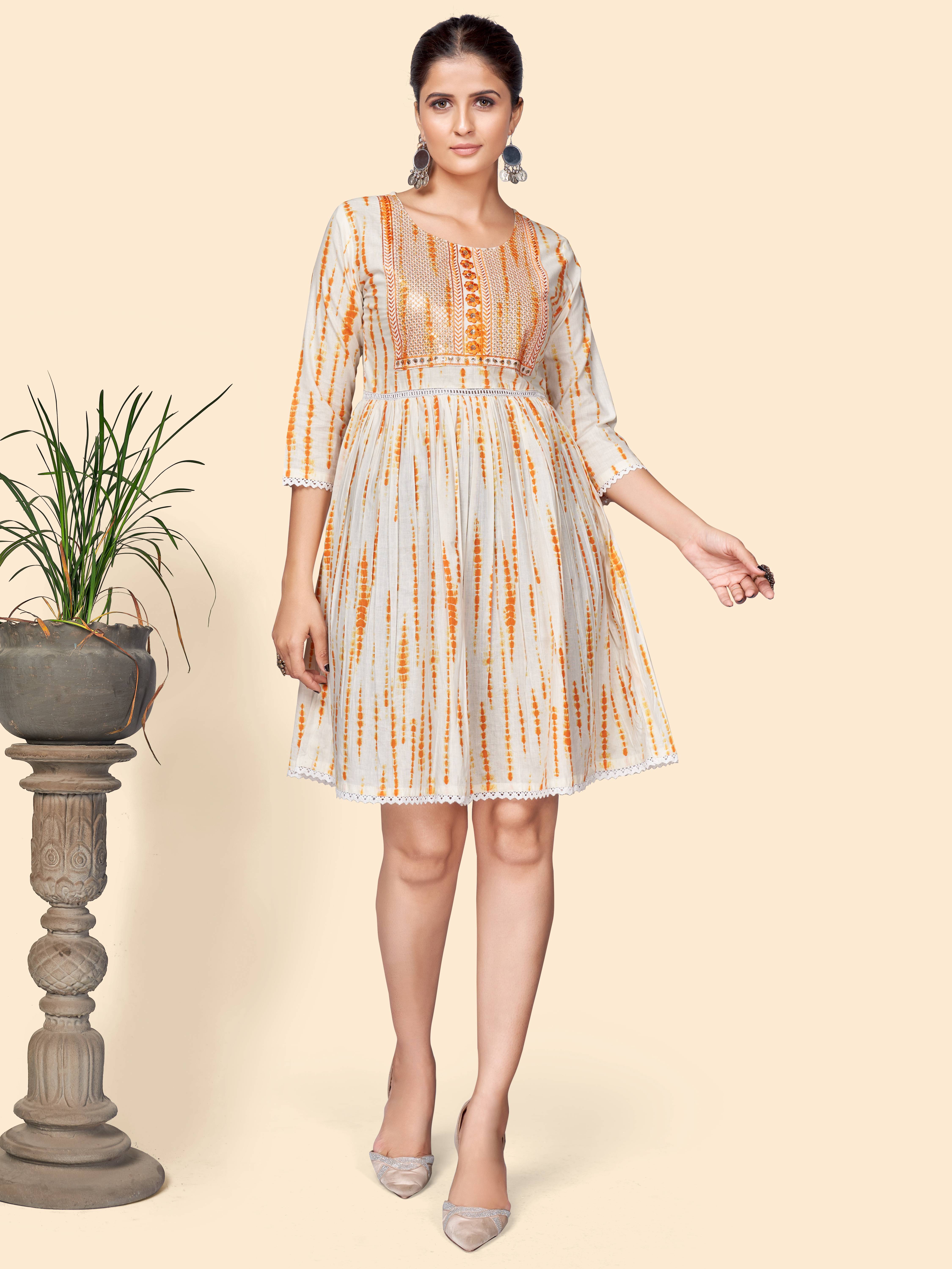     			Vbuyz Women Cotton Embellished Fit & Flare Dress ( Orange )