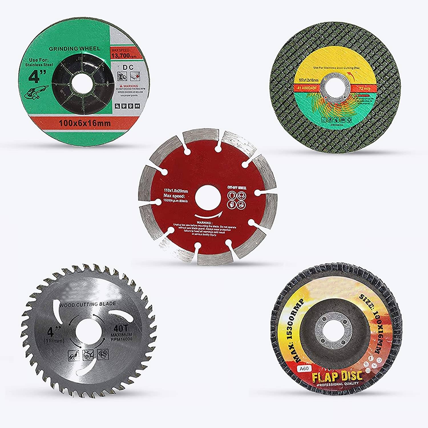     			ALDECO 5Pcs(1Pcs Each) Metal Cutting, Wood Cutting, Tile Cutting, Grinding Wheel, Flap Disk Angle Grinder Wheels (100 mm Wheel Diameter)