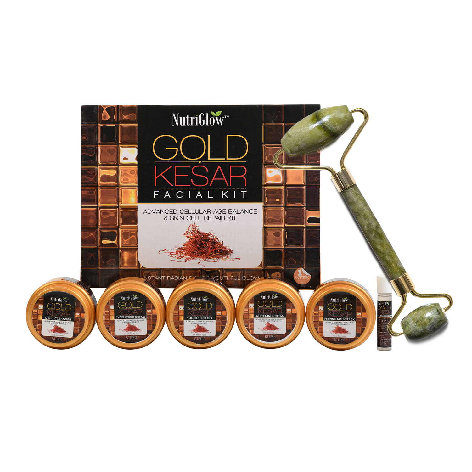     			NutriGlow Gold Kesar Facial Kit for Women for Glowing Skin 6-Pieces Skin Care/Skin Cleanup Set, 260gm with Jade Roller