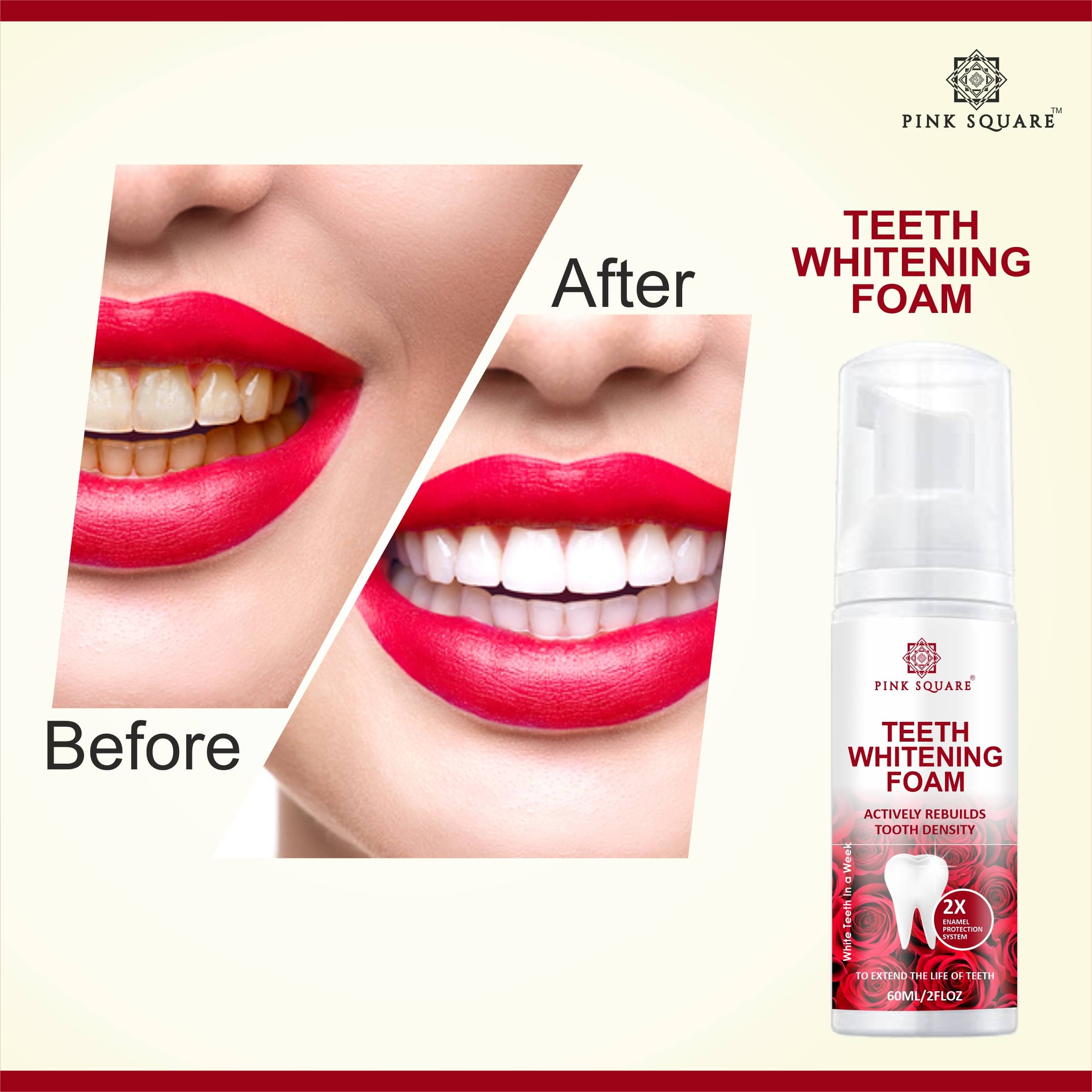pink square Teeth Whitening Foam with Mint to Remove Stains Breath Freshener 60 mL pink square Teeth Whitening Foam with Mint to Remove Stains Breath Freshener 60 mL