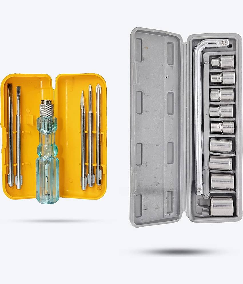 Aldeco Hand Tool Kit 5in1 Screw Driver Set with 10 Pcs Socket Set.Combination Hand Tools for Domestic & Industrial Purpose.