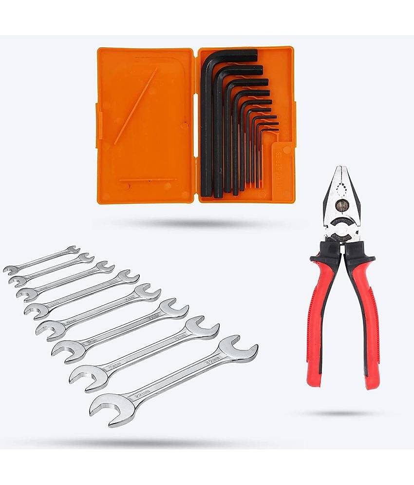 Aldeco Hand Tool Kit- Heavy Duty Plier (Pilash) with 9 Pcs Allen Key & 8 Pcs Spanner Set. Combination Tools For Domestic & Industrial Purpose.