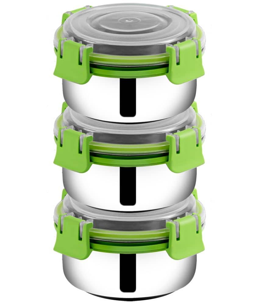 BOWLMAN Smart Clip Lock Premium Steel Green Food Container ( Set of 3 - 350mL each )