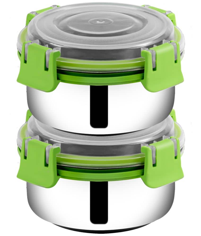 BOWLMAN Smart Clip Lock Premium Steel Green Food Container ( Set of 3 - 350mL each )