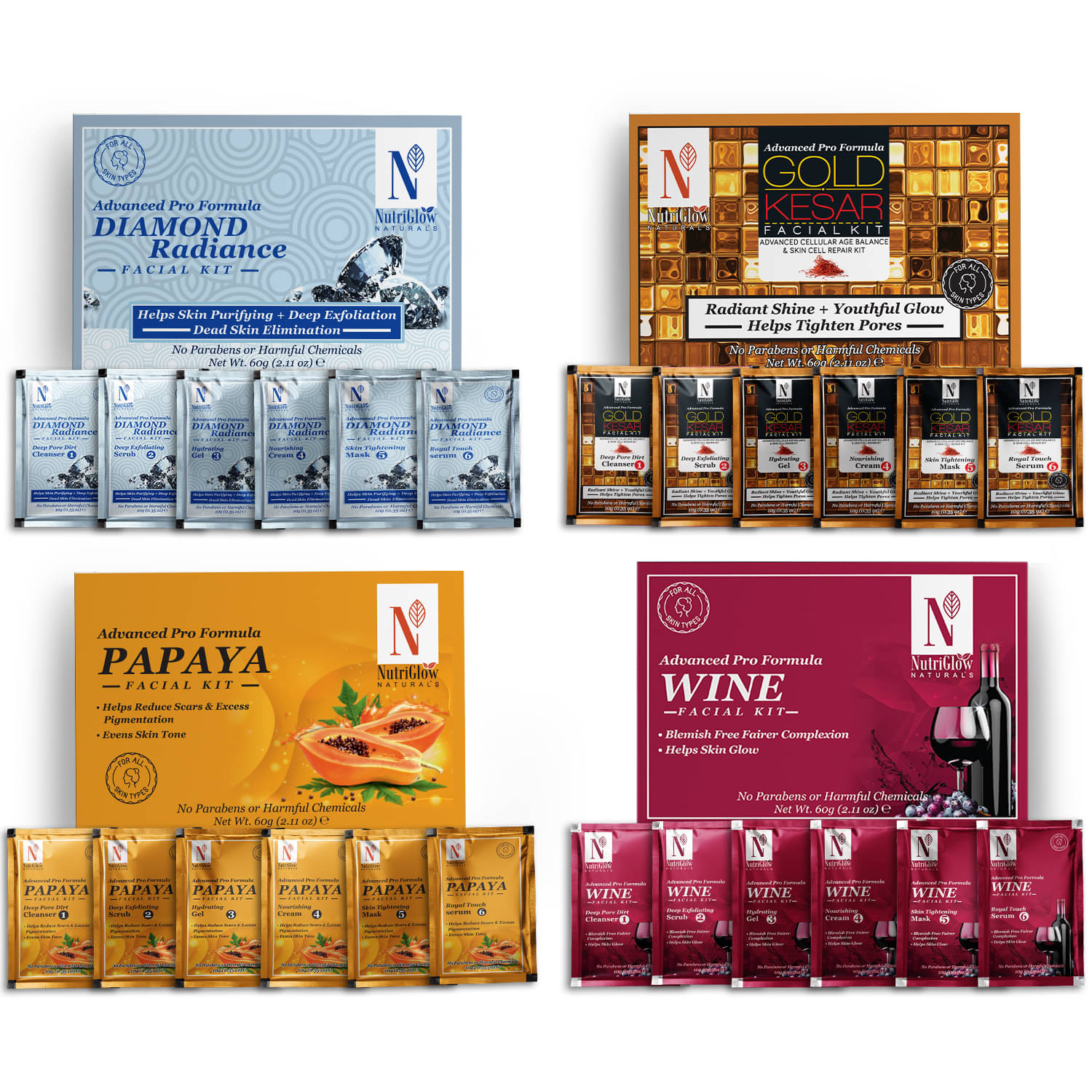     			NutriGlow NATURAL'S Advance Pro Formula Diamond Radiance,Gold Kesar,Papaya,Wine Facial kit For Skin Cell Repair, Reduce Scars, 60gm Each, Pack of 4