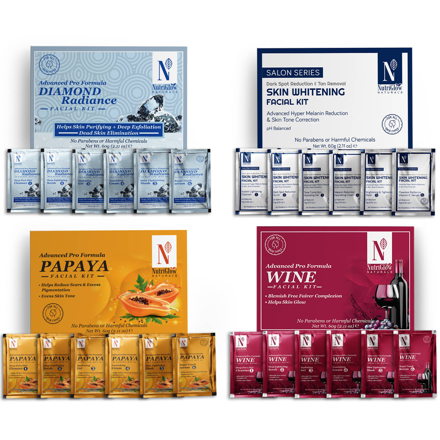     			NutriGlow NATURAL'S Advance Pro Formula Diamond Radiance,Skin Whitening,Papaya,Wine Facial kit For Skin Cell Repair, 60gm Each, Pack of 4