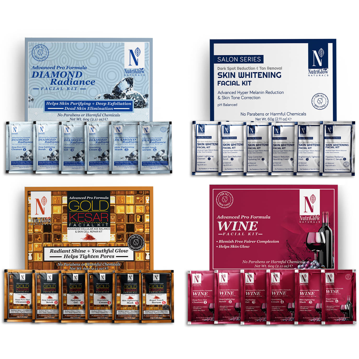 NutriGlow NATURAL'S Advanced Pro Formula Diamond Radiance, Skin Whitening, Gold Kesar, Wine Facial Kit, 60gm Each, Pack of 4 NutriGlow NATURAL'S Advanced Pro Formula Diamond Radiance, Skin Whitening, Gold Kesar, Wine Facial Kit, 60gm Each, Pack of 4