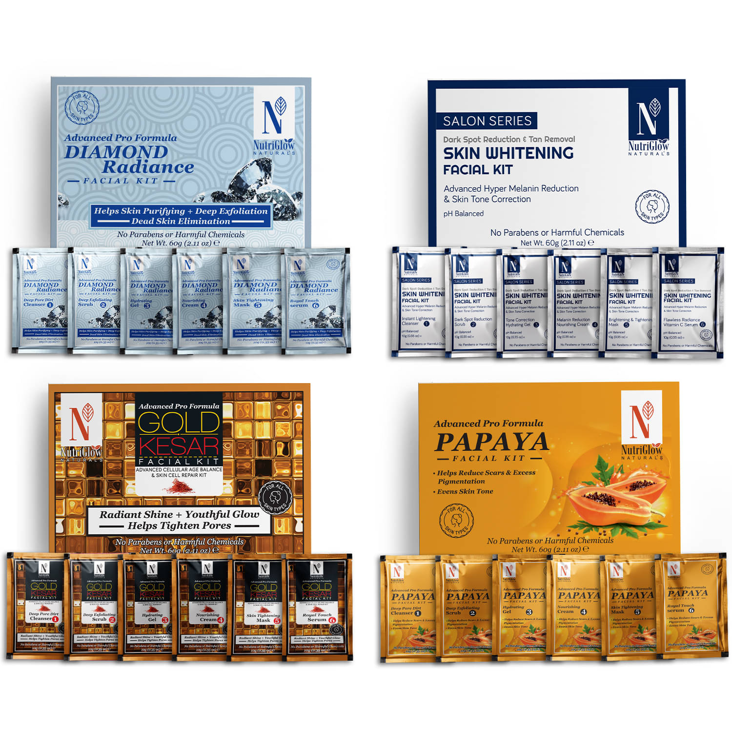 NutriGlow NATURAL'S Advanced Pro Formula Diamond Radiance, Skin Whitening, Gold Kesar, Papaya Facial Kit, 60gm Each, Pack of 4 NutriGlow NATURAL'S Advanced Pro Formula Diamond Radiance, Skin Whitening, Gold Kesar, Papaya Facial Kit, 60gm Each, Pack of 4