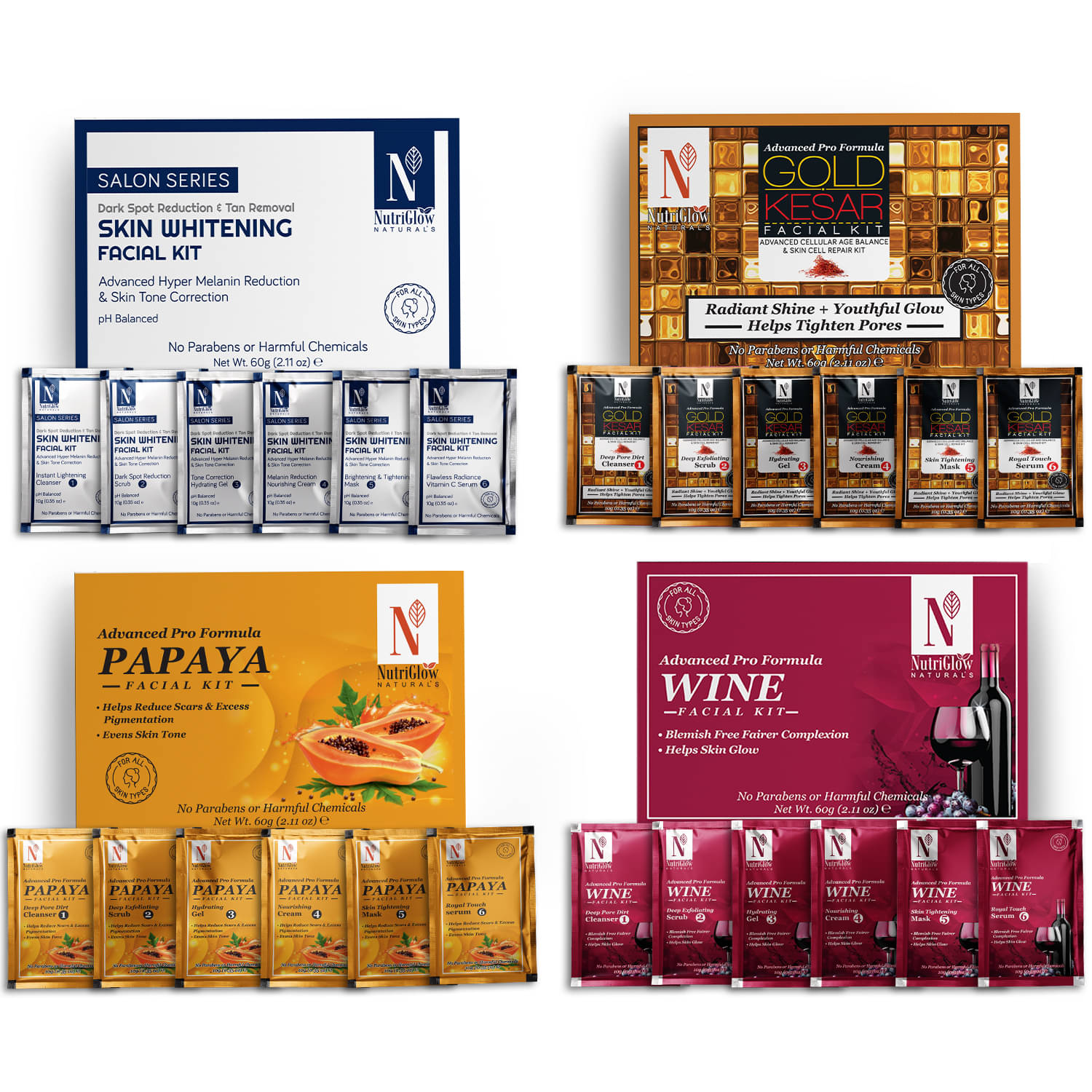 NutriGlow NATURAL'S Advance Pro Formula Skin Whitening,Gold Kesar,Papaya,Wine Facial kit For Skin Cell Repair, 60gm Each, Pack of 4 NutriGlow NATURAL'S Advance Pro Formula Skin Whitening,Gold Kesar,Papaya,Wine Facial kit For Skin Cell Repair, 60gm Each, Pack of 4
