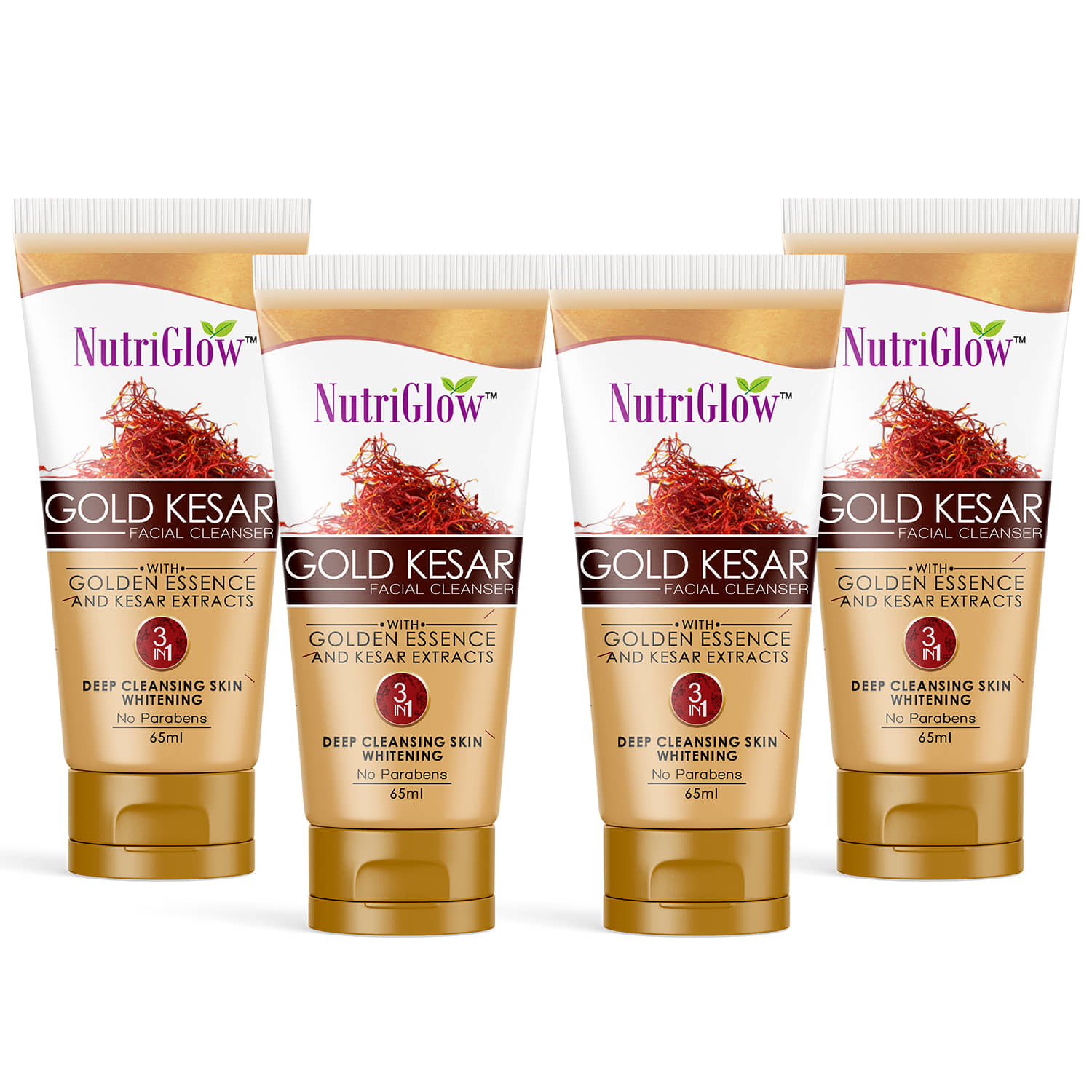 NutriGlow Gold Kesar Face Wash For Deep Cleansing and Radiant Skin, Tan Removal, Skin Tightening Non Foaming Face Wash, 65ml Each, Pack of 4